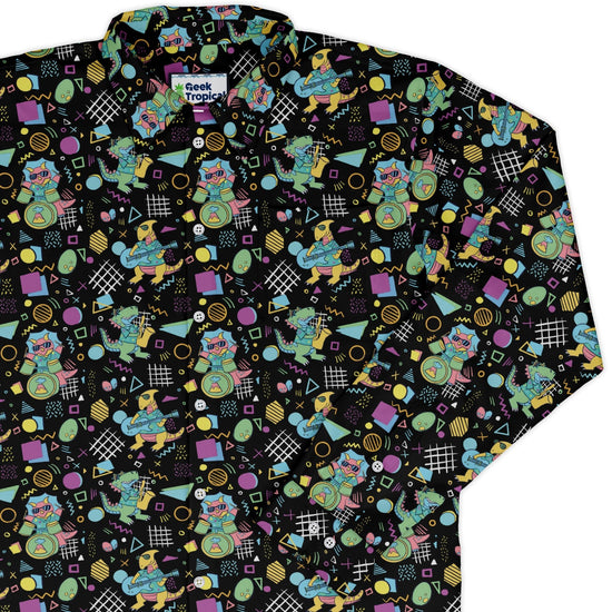 Rocking Dinosaurs Night Long Sleeve Button Up Shirt Geek Nerd adult sizing Design by Claire Murphy dinosaur print