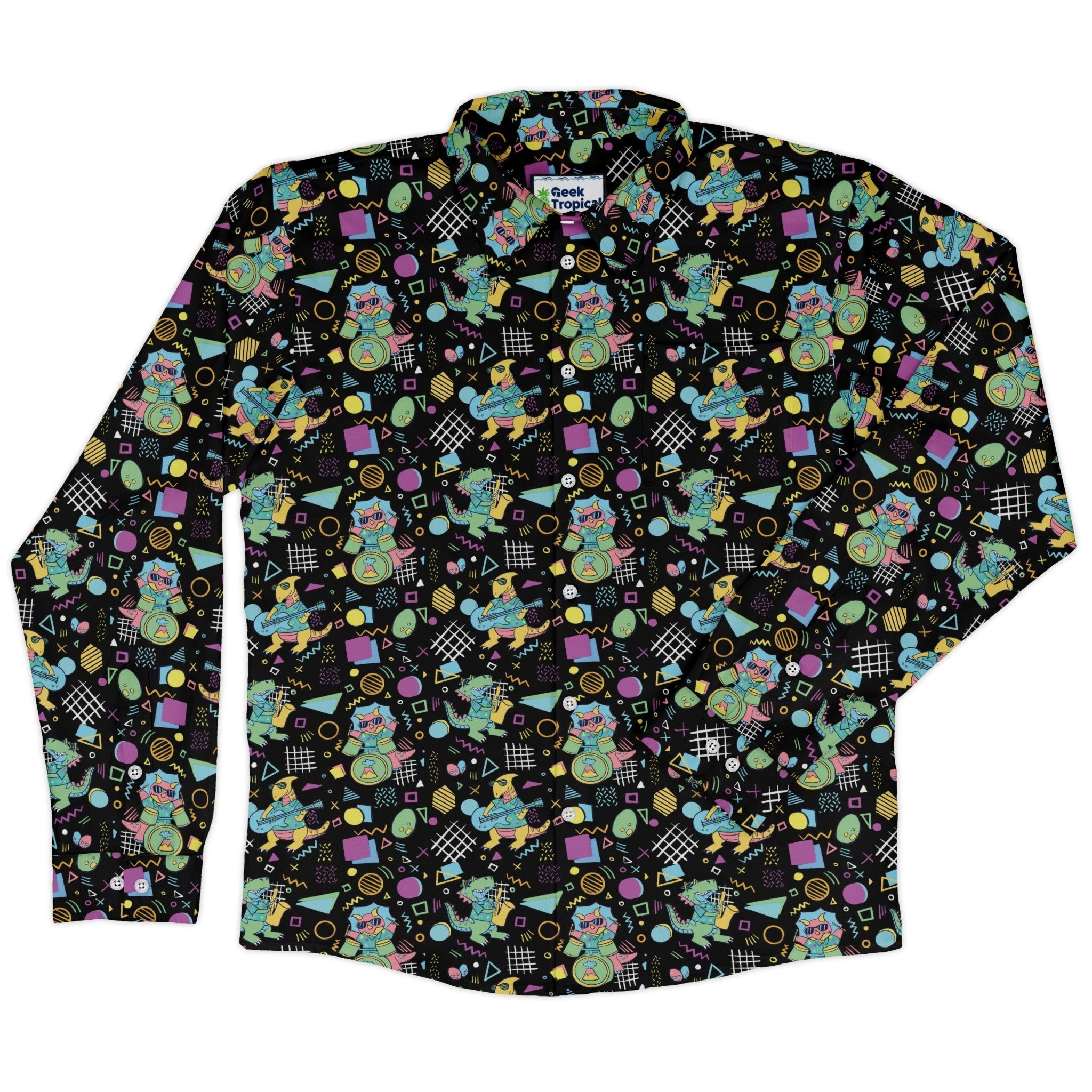 Rocking Dinosaurs Night Long Sleeve Button Up Shirt Geek Nerd adult sizing Design by Claire Murphy dinosaur print
