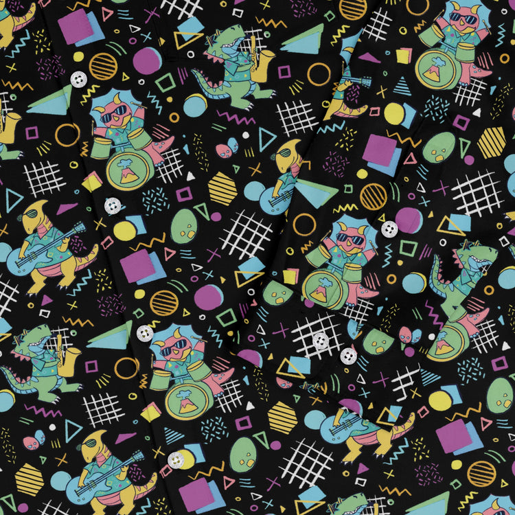 Rocking Dinosaurs Night Long Sleeve Button Up Shirt Geek Nerd adult sizing Design by Claire Murphy dinosaur print