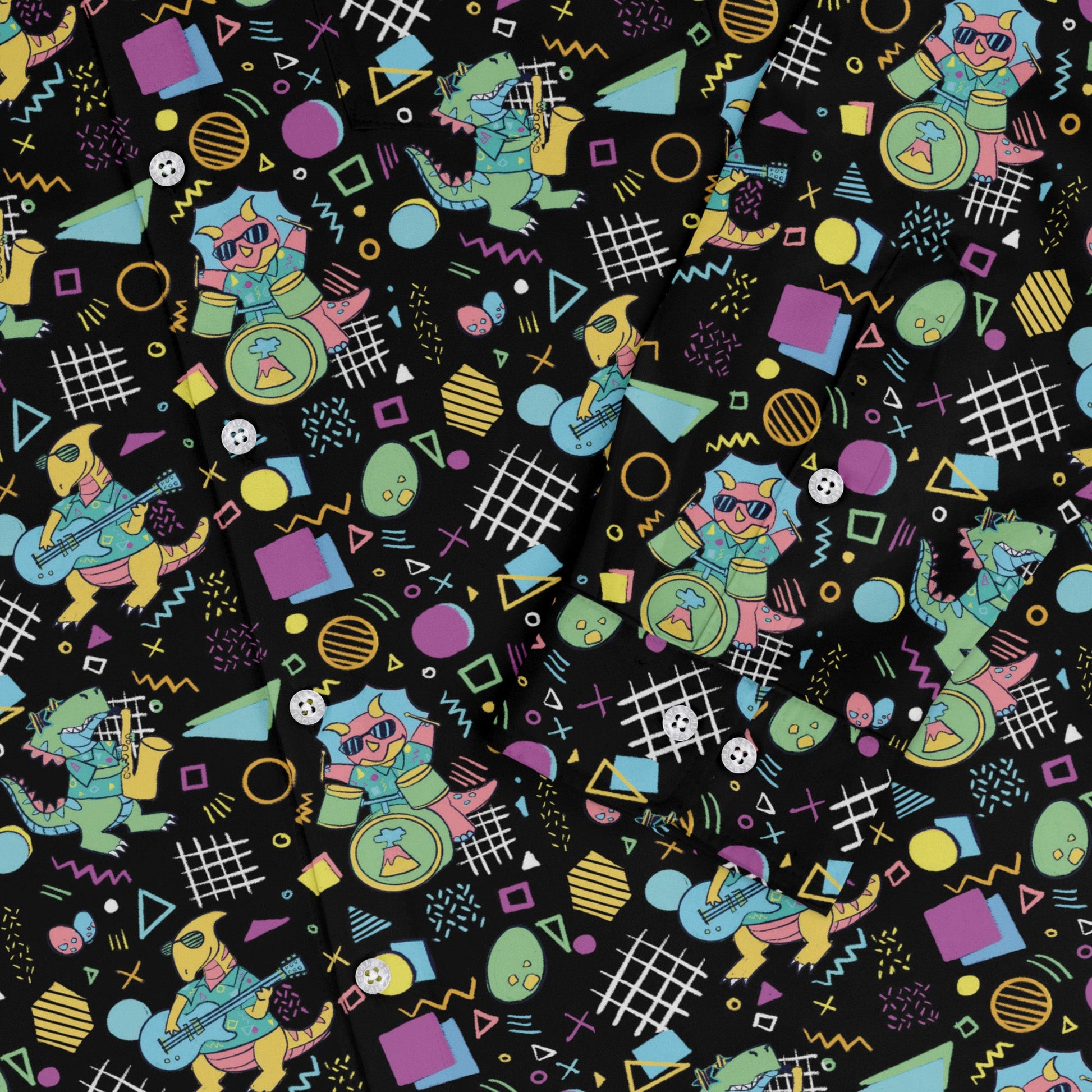 Rocking Dinosaurs Night Long Sleeve Button Up Shirt Geek Nerd adult sizing Design by Claire Murphy dinosaur print