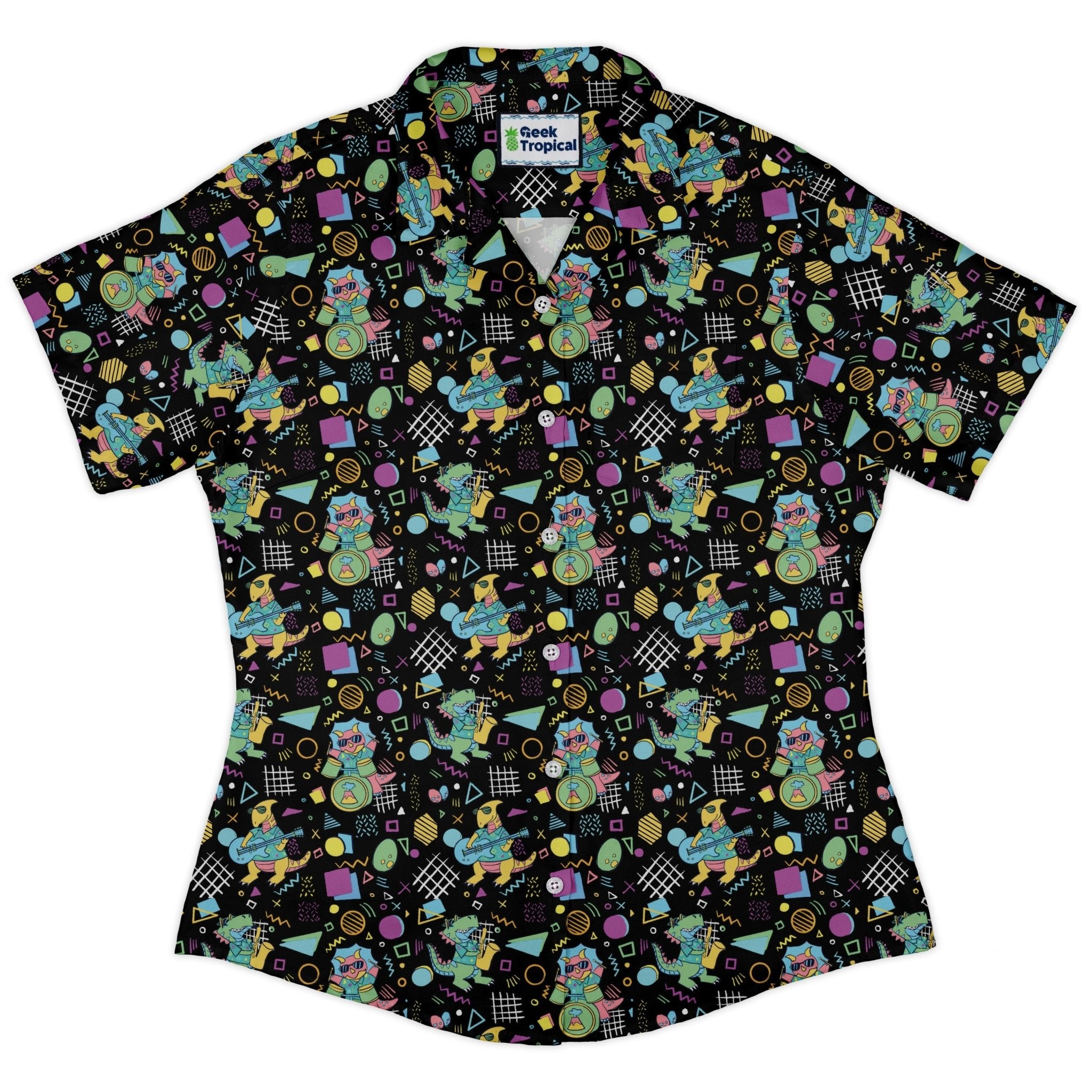 Rocking Dinosaurs Night Curvy Button Up Shirt Geek Nerd Design by Claire Murphy dinosaur print q4