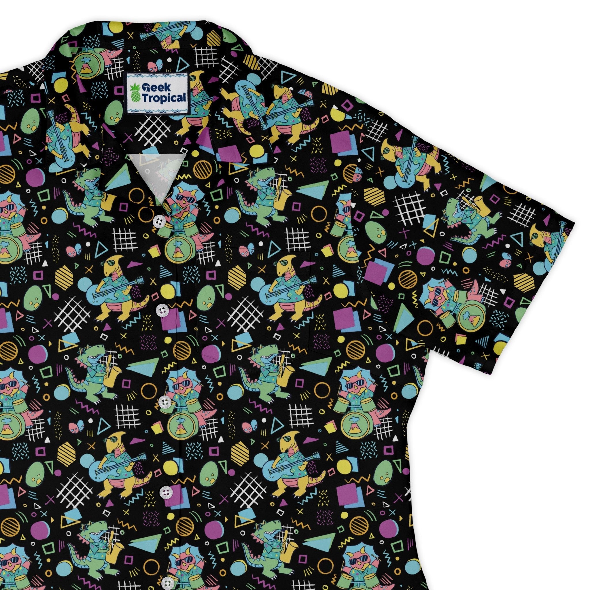 Rocking Dinosaurs Night Curvy Button Up Shirt Geek Nerd Design by Claire Murphy dinosaur print q4