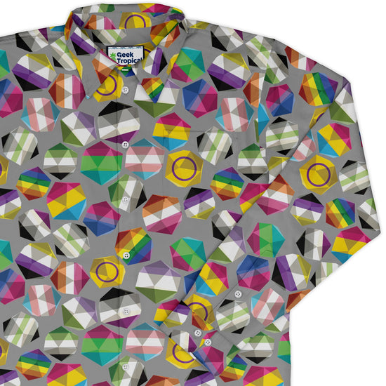 Roll with Pride LGBTQ Dice Dnd Long Sleeve Button Up Shirt Geek Nerd adult sizing dnd & rpg print FLOW DESC WRITING