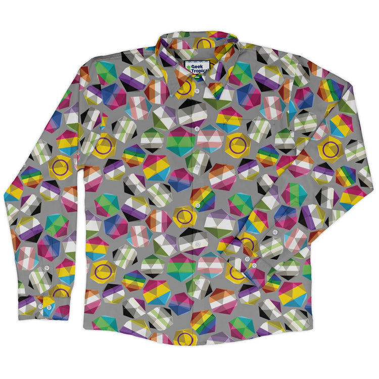 Roll with Pride LGBTQ Dice Dnd Long Sleeve Button Up Shirt Geek Nerd adult sizing dnd & rpg print FLOW DESC WRITING