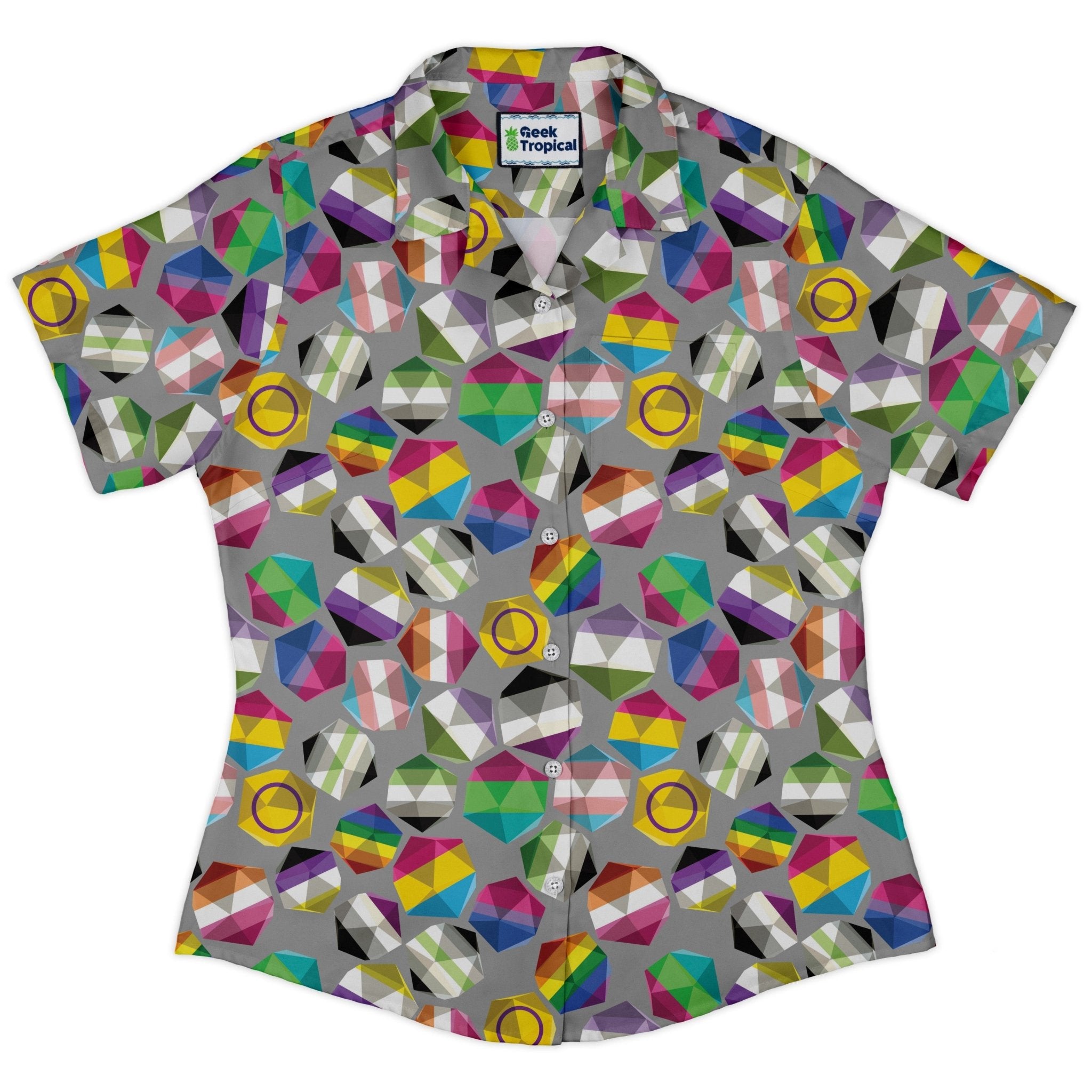 Roll with Pride LGBTQ Dice Dnd Curvy Button Up Shirt Geek Nerd dnd & rpg print Maximalist Patterns Pride Patterns