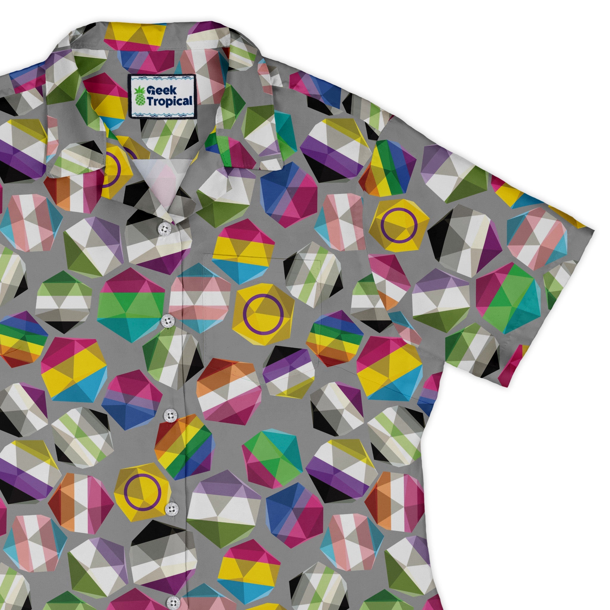 Roll with Pride LGBTQ Dice Dnd Curvy Button Up Shirt Geek Nerd dnd & rpg print Maximalist Patterns Pride Patterns