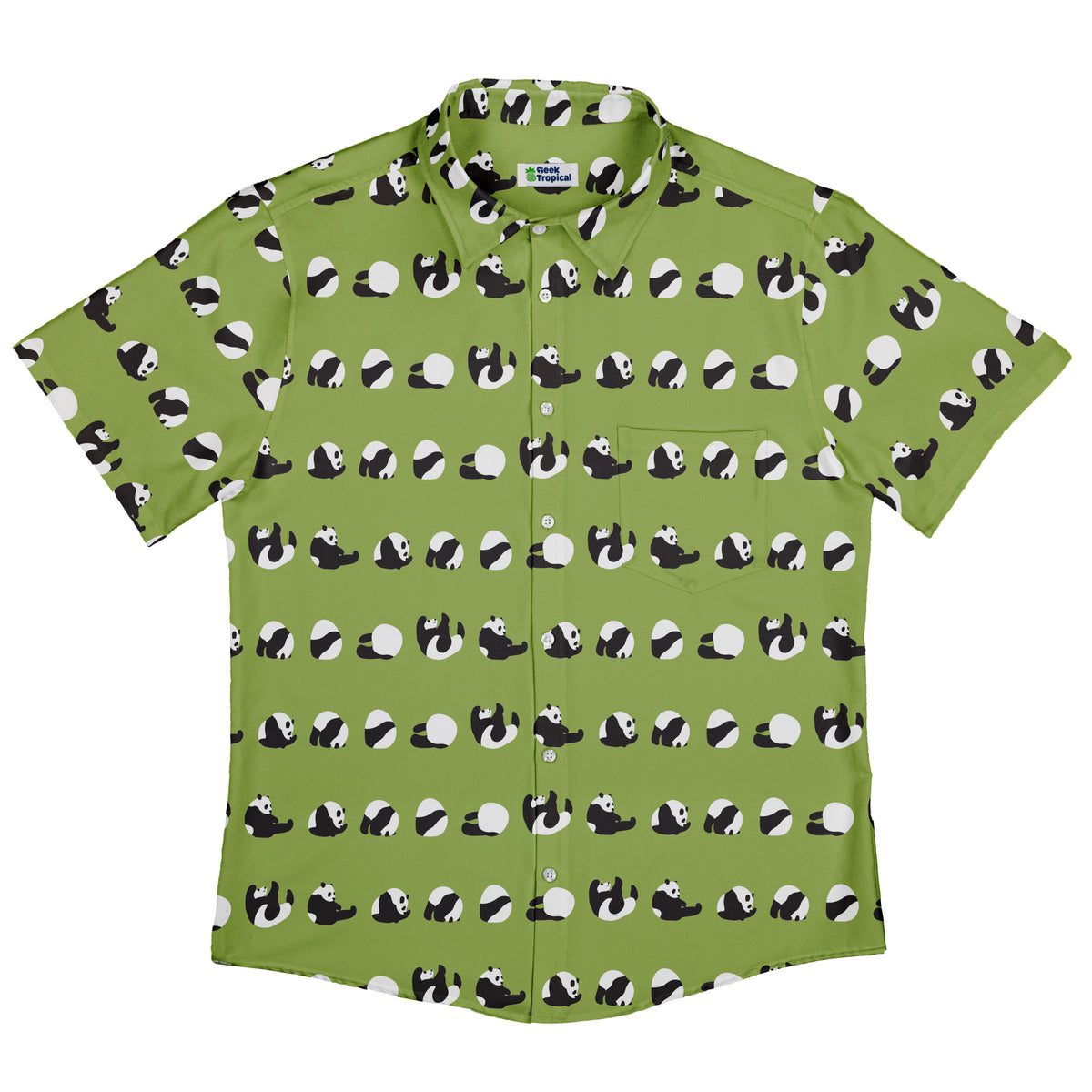 Rolling Silly Pandas Green Button Up Shirt Flat Front