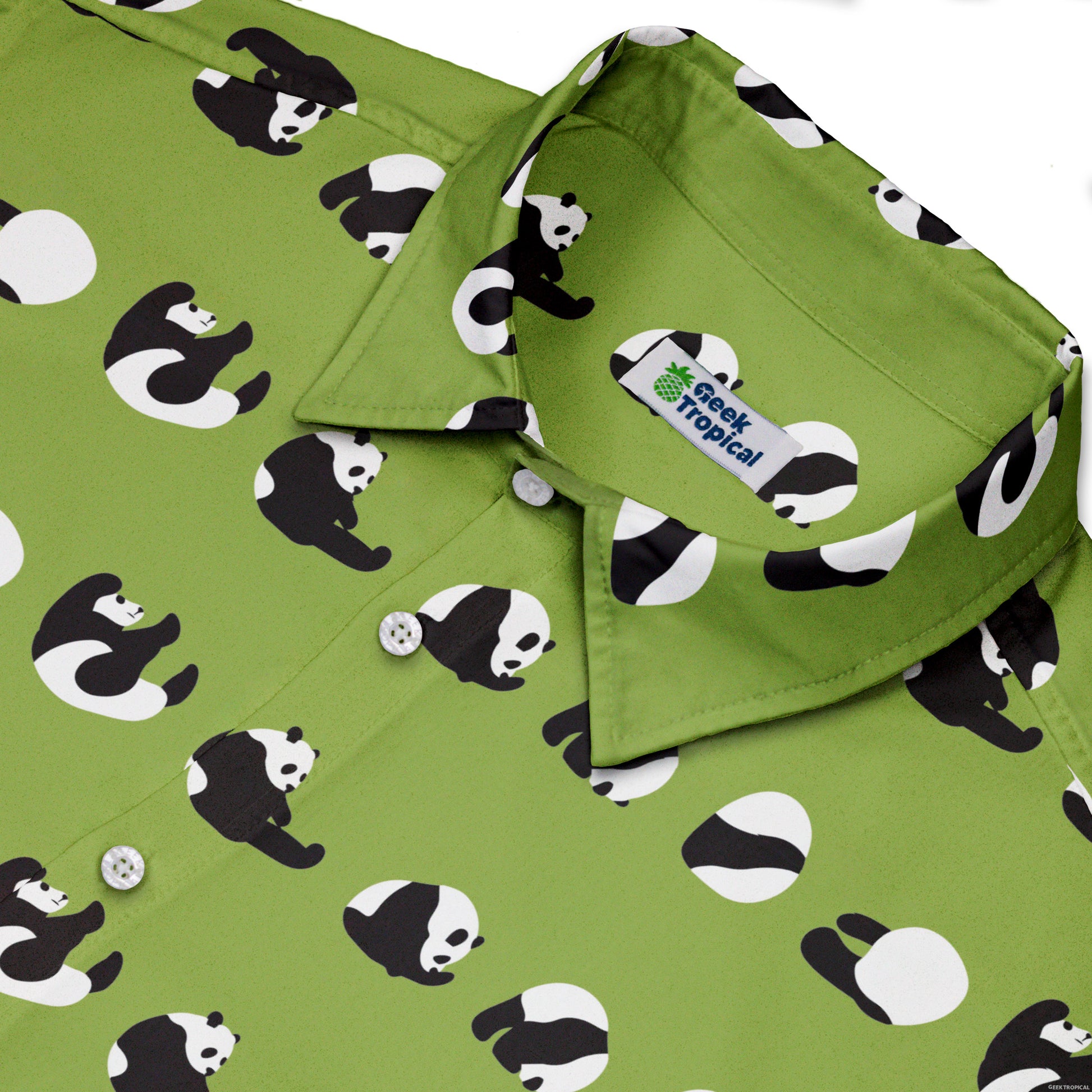 Rolling Silly Pandas Green Button Up Shirt Neck