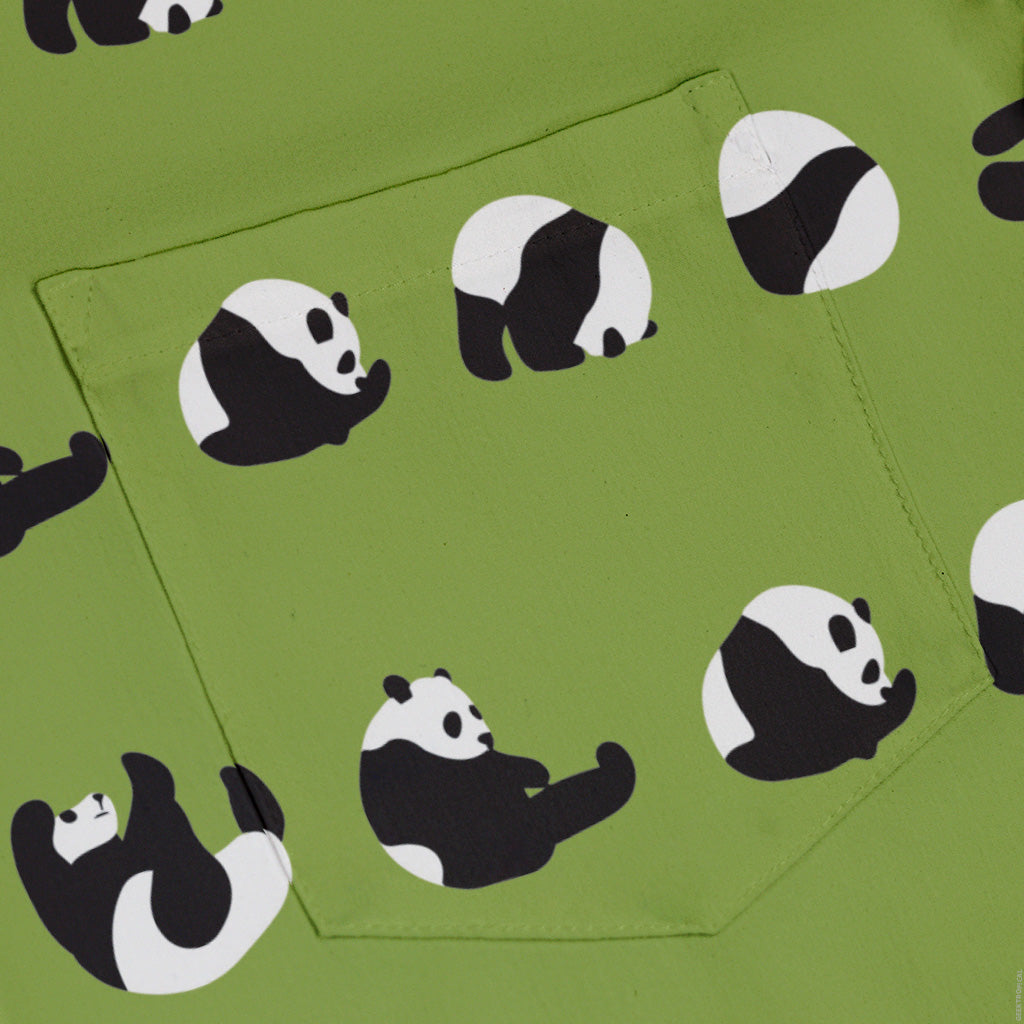 Rolling Silly Pandas Green Button Up Shirt Pocket
