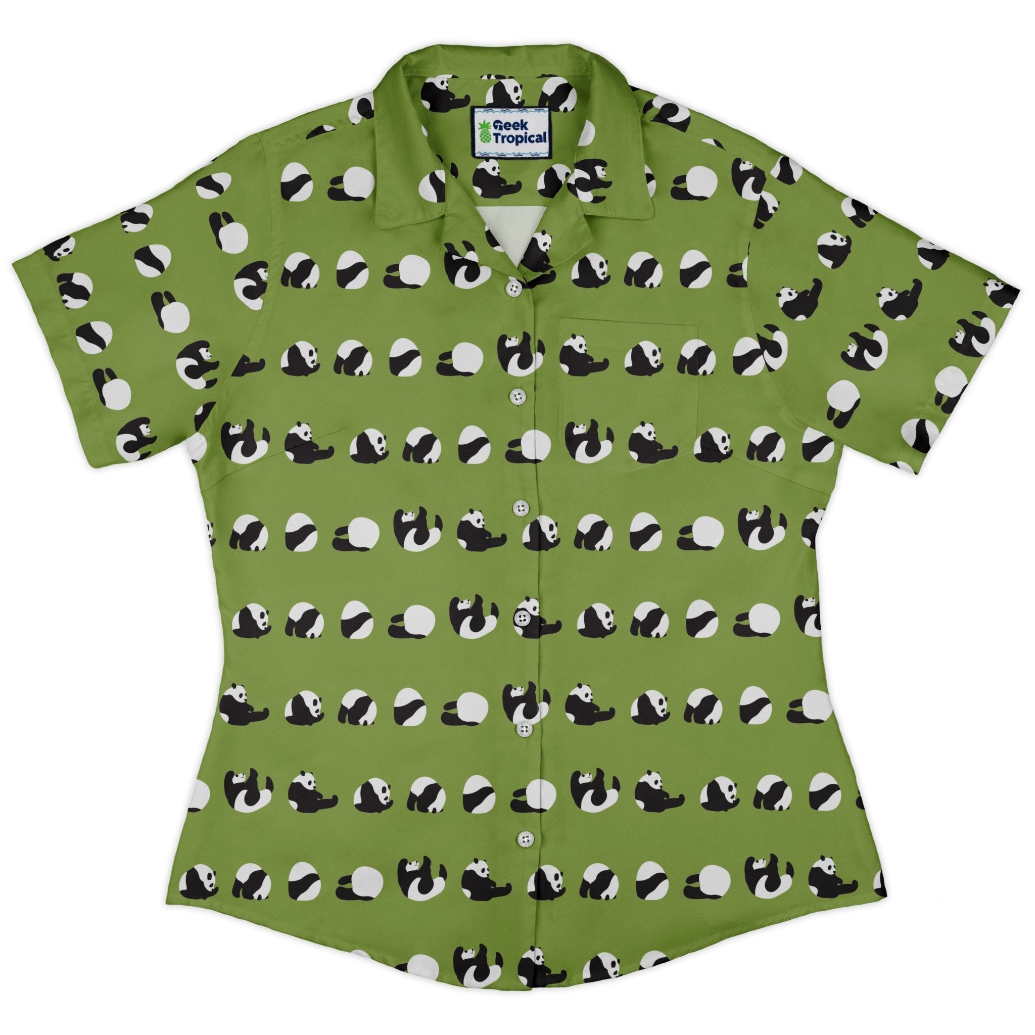 Rolling Silly Pandas Green Curvy Button Up Shirt 2