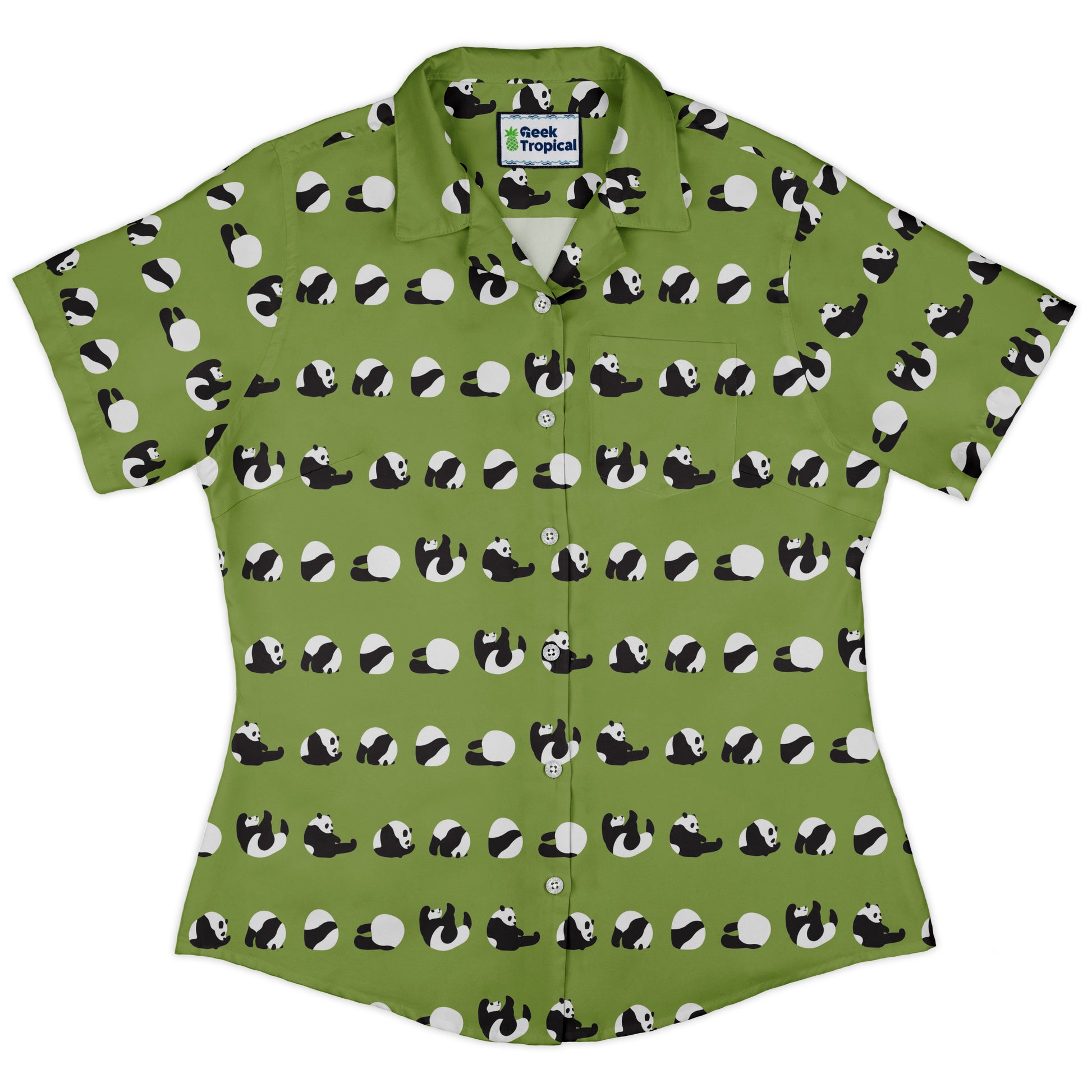 Rolling Silly Pandas Green Curvy Button Up Shirt Old Curvy Button Up Shirt womens front