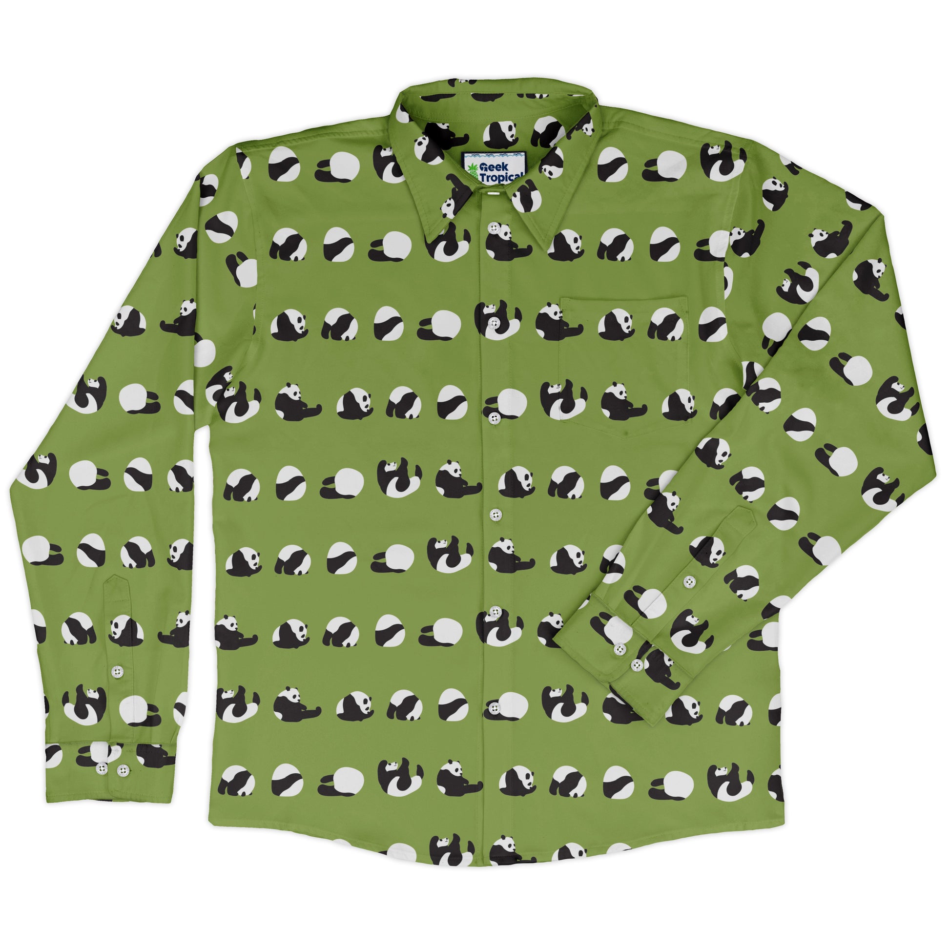Rolling Silly Pandas Green Long Sleeve Button Up Shirt front