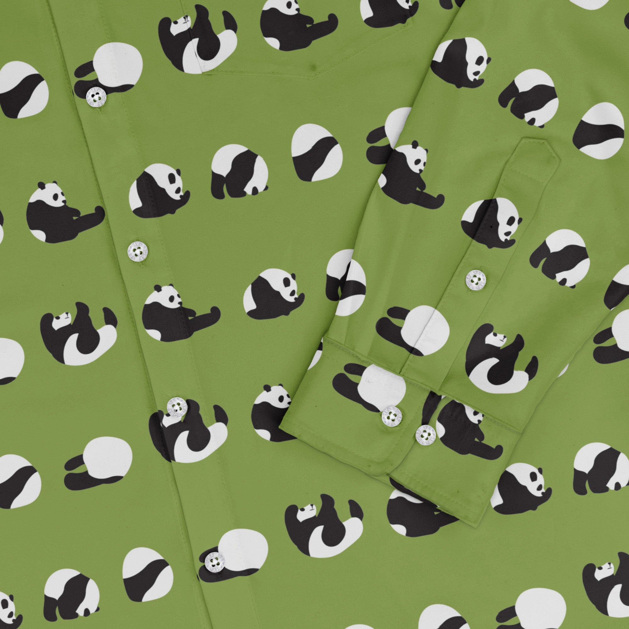 Rolling Silly Pandas Green Long Sleeve Button Up Shirt 2