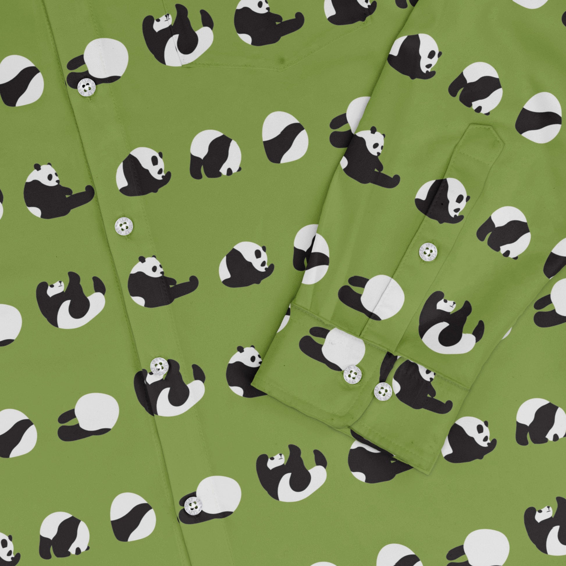 Rolling Silly Pandas Green Long Sleeve Button Up Shirt sleeve close