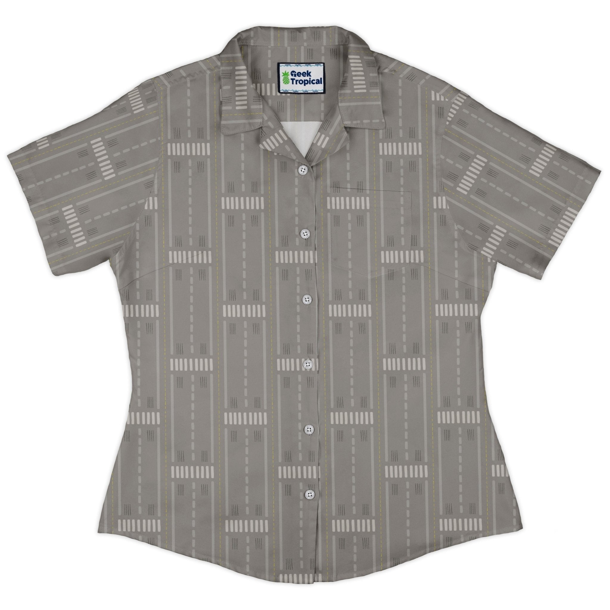 Runway Stripe Curvy Button Up Shirt Geek Nerd aviation print Design by Zirkus Design q225
