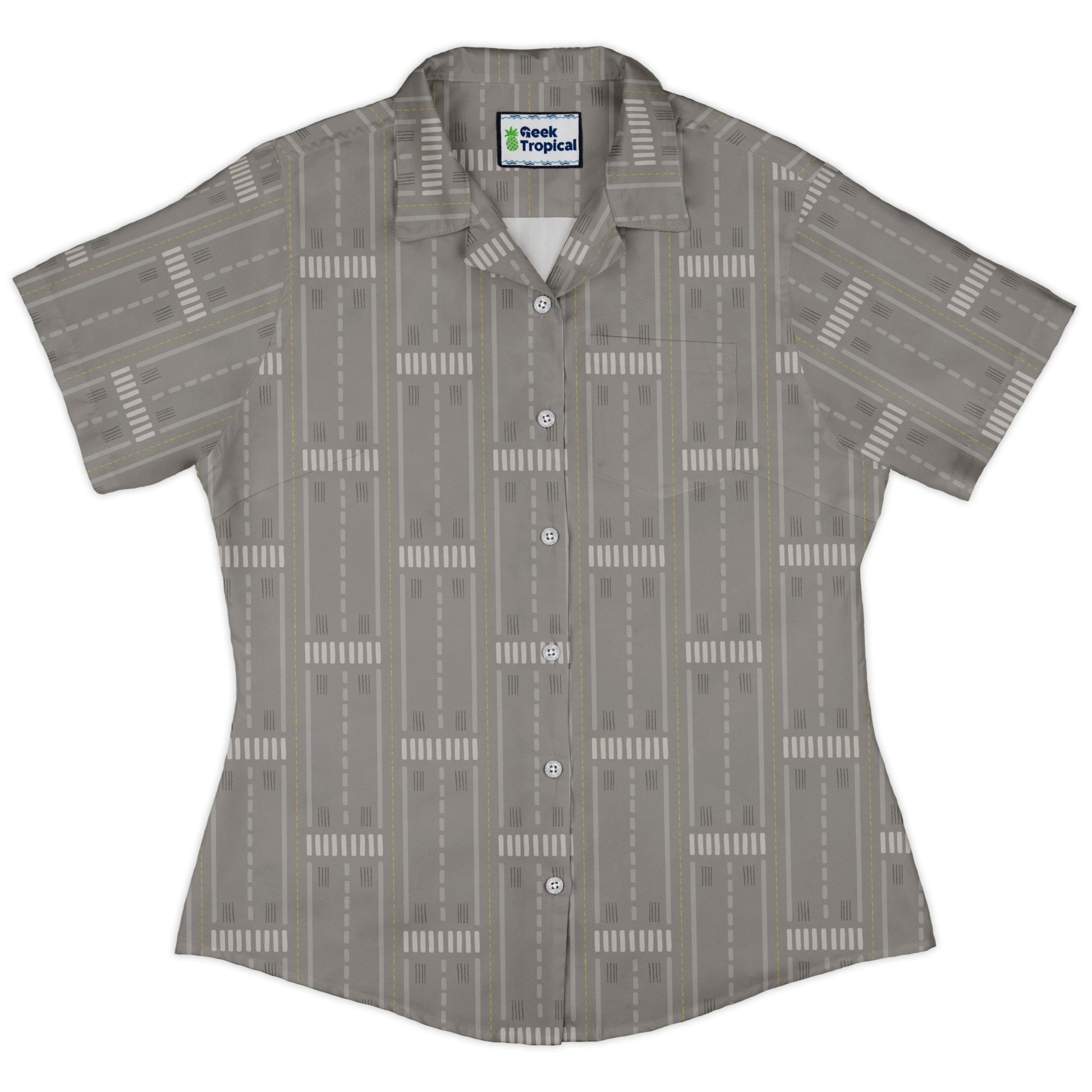 Runway Stripe Curvy Button Up Shirt Geek Nerd aviation print Design by Zirkus Design q225