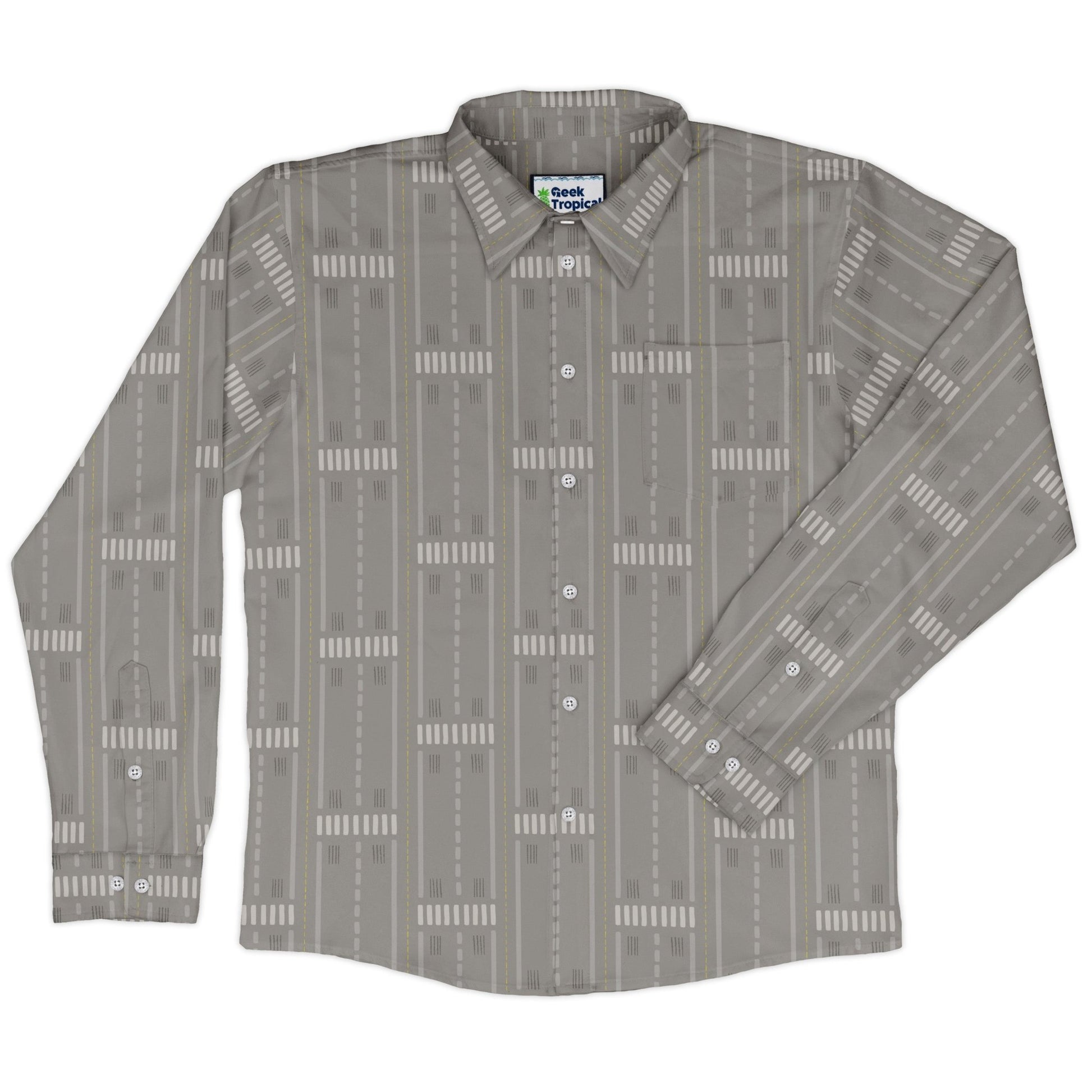 Runway Stripe Long Sleeve Button Up Shirt Geek Nerd adult sizing aviation print Design by Zirkus Design