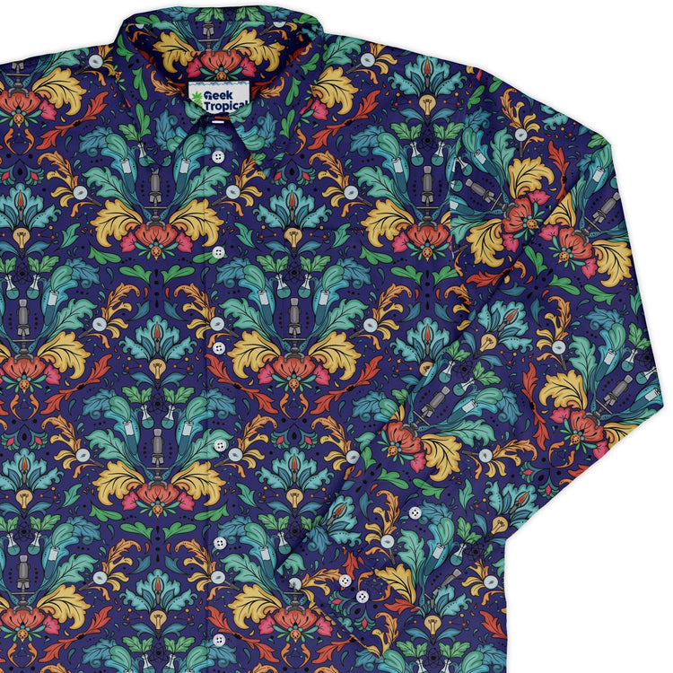 STEM Hidden Sciences Long Sleeve Button Up Shirt Geek Nerd adult sizing Design By Brigid Ashwood FLOW DESC WRITING