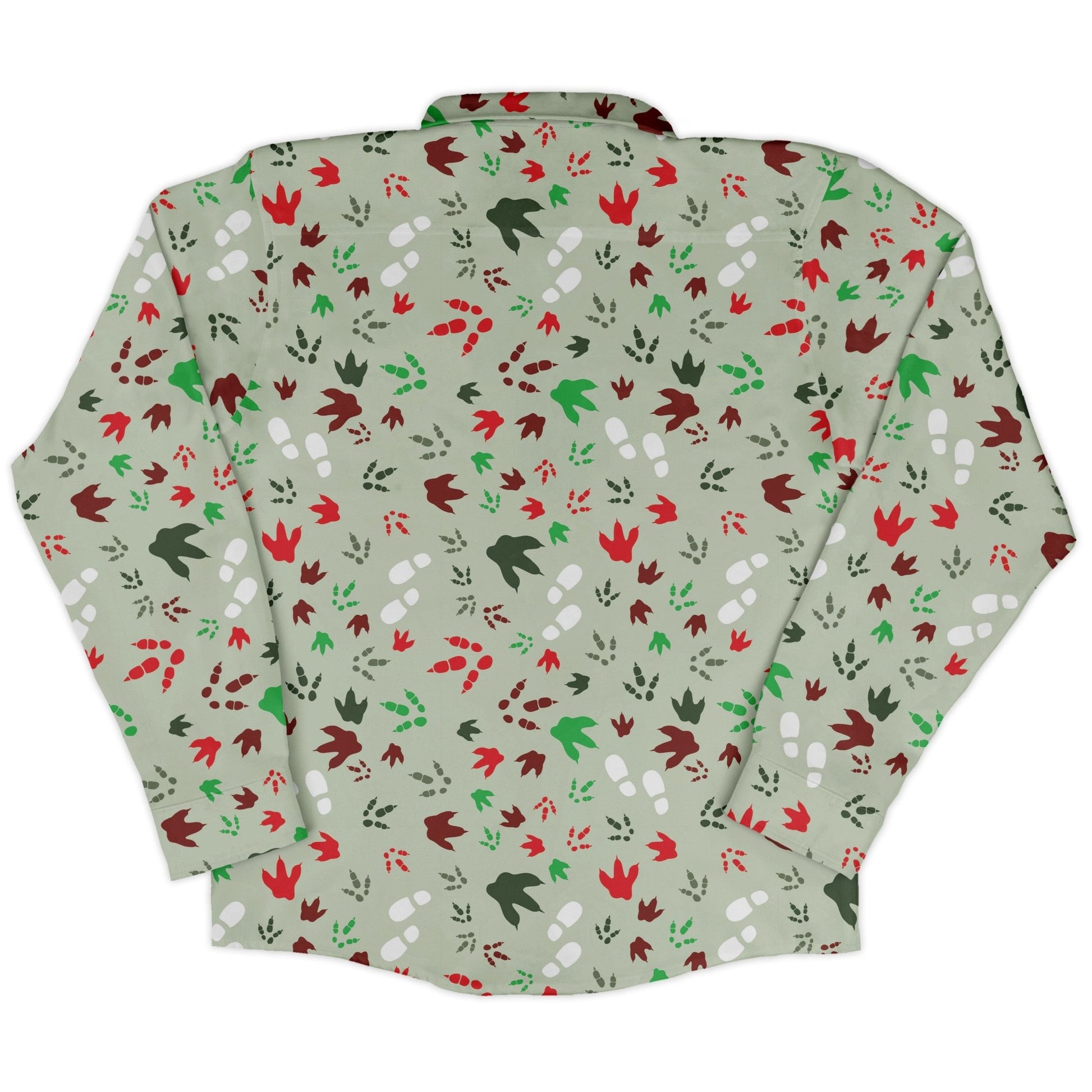 Santa Boots and Dinosaur Footprint Tracks Long Sleeve Button Up Shirt Geek Nerd adult sizing Christmas Print dinosaur print