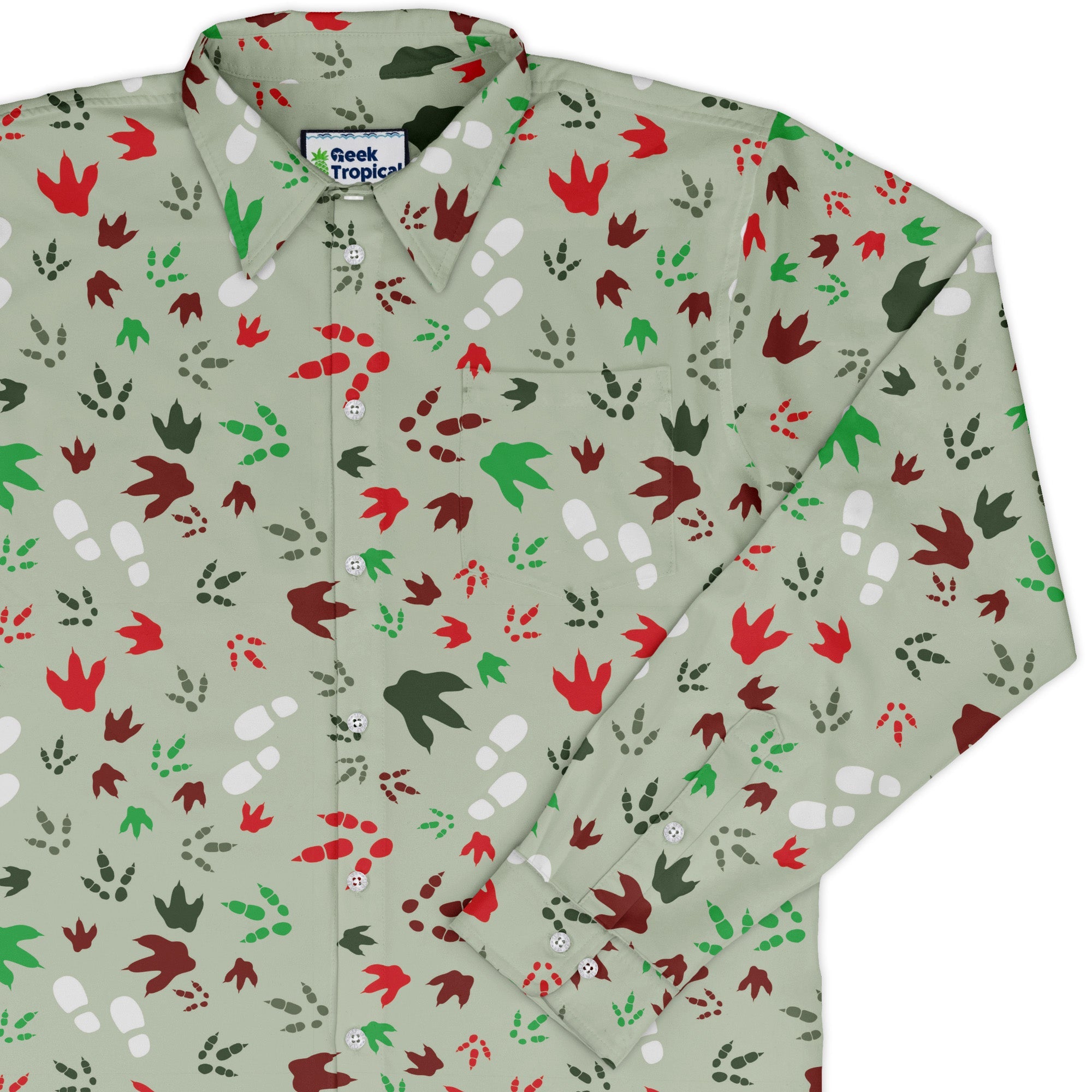 Santa Boots and Dinosaur Footprint Tracks Long Sleeve Button Up Shirt