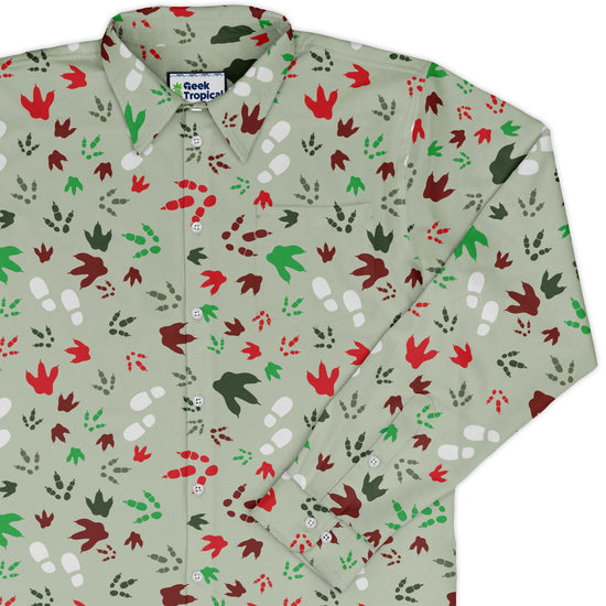 Santa Boots and Dinosaur Footprint Tracks Long Sleeve Button Up Shirt Geek Nerd adult sizing Christmas Print dinosaur print