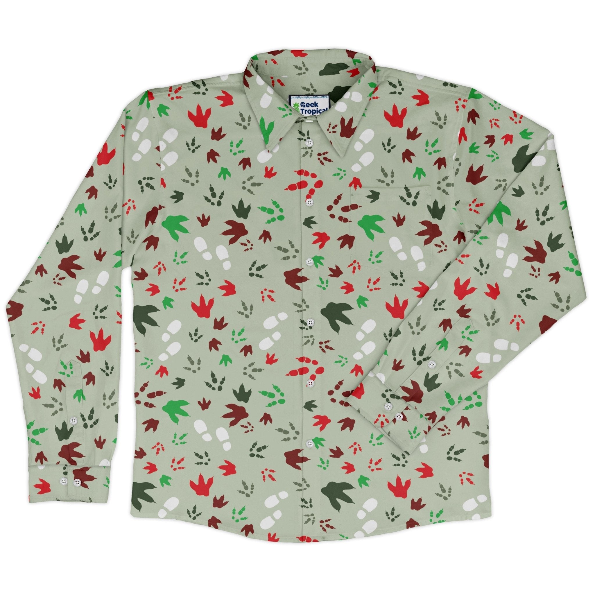 Santa Boots and Dinosaur Footprint Tracks Long Sleeve Button Up Shirt