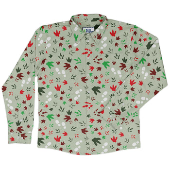 Santa Boots and Dinosaur Footprint Tracks Long Sleeve Button Up Shirt Geek Nerd adult sizing Christmas Print dinosaur print