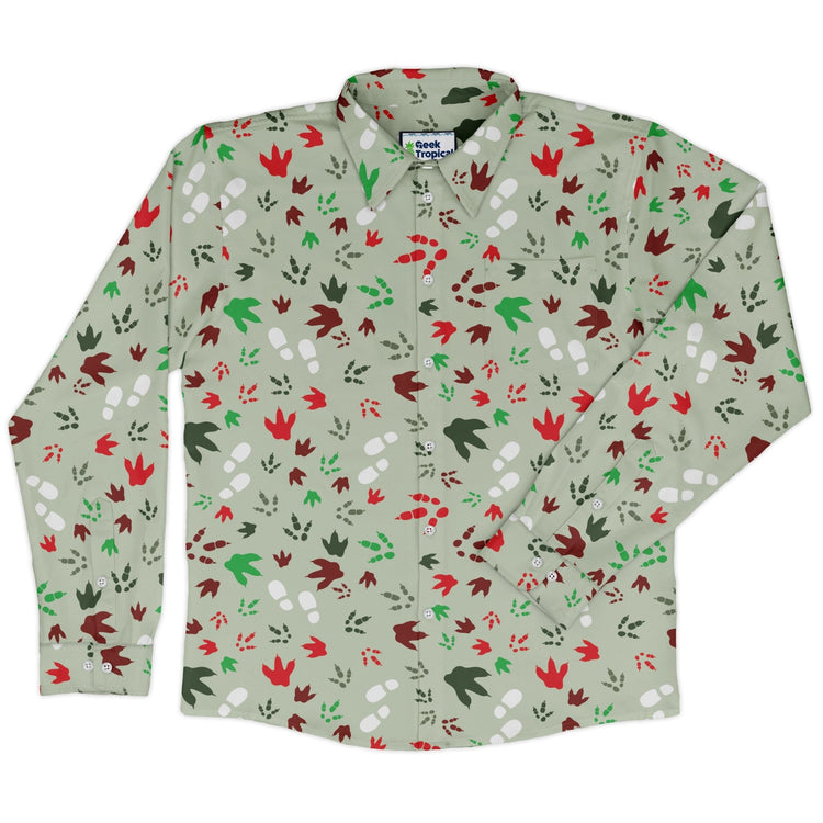 Santa Boots and Dinosaur Footprint Tracks Long Sleeve Button Up Shirt Geek Nerd adult sizing Christmas Print dinosaur print
