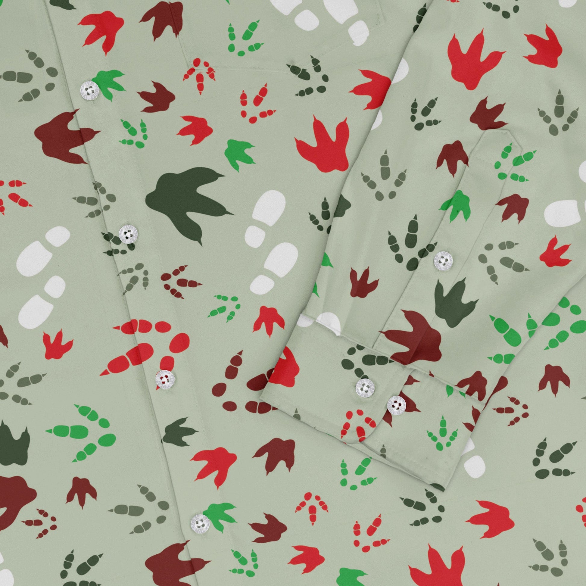 Santa Boots and Dinosaur Footprint Tracks Long Sleeve Button Up Shirt Geek Nerd adult sizing Christmas Print dinosaur print