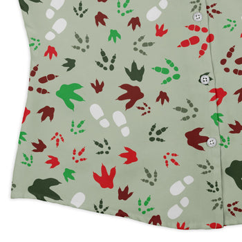 Santa Boots and Dinosaur Footprint Tracks Curvy Button Up Shirt Geek Nerd Christmas Print dinosaur print women