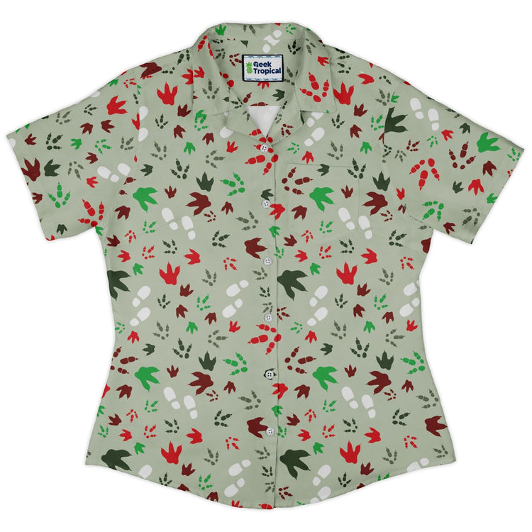 Santa Boots and Dinosaur Footprint Tracks Curvy Button Up Shirt Geek Nerd Christmas Print dinosaur print women
