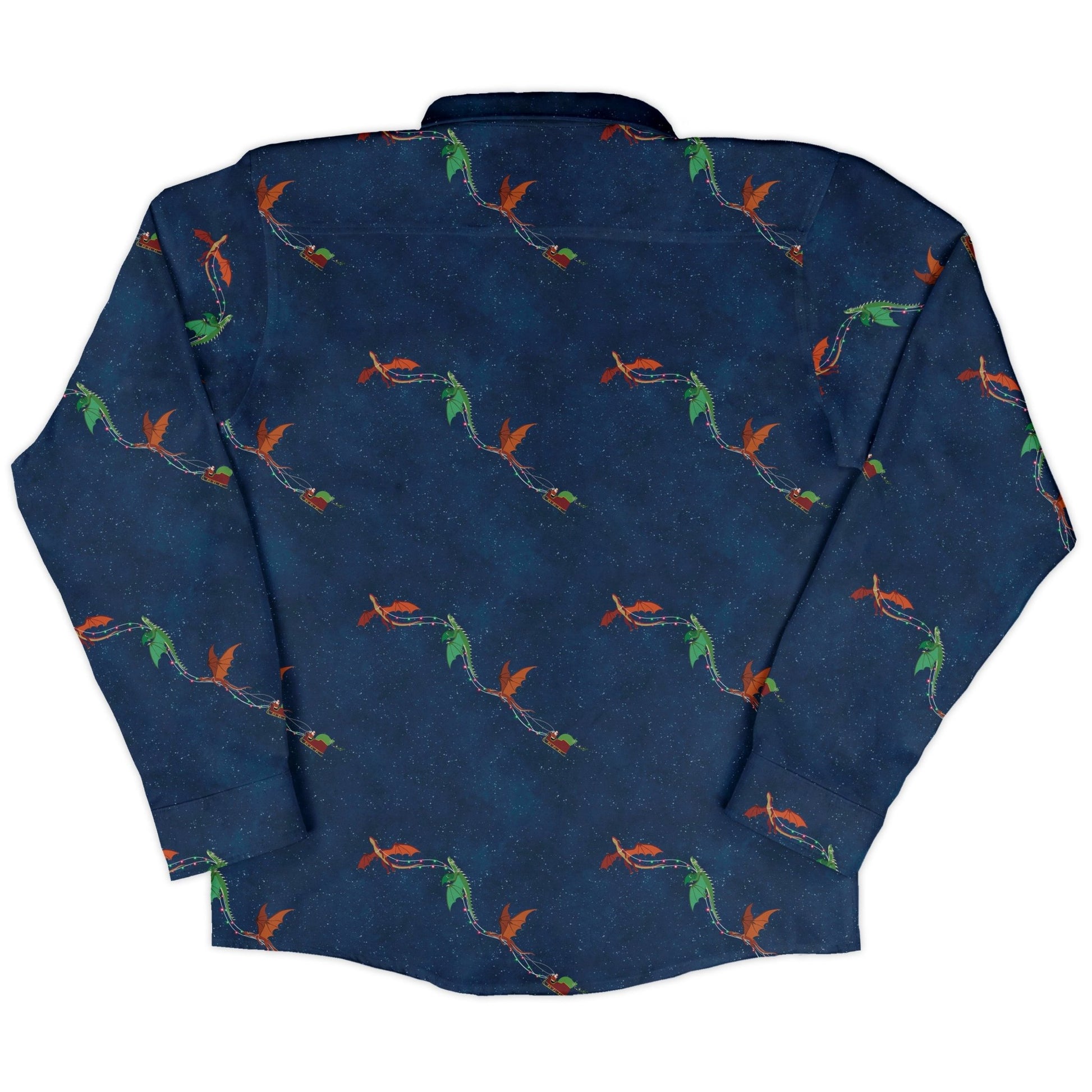 Santa Sleigh Dragons Long Sleeve Button Up Shirt Geek Nerd adult sizing Christmas Print Designs by Nathan