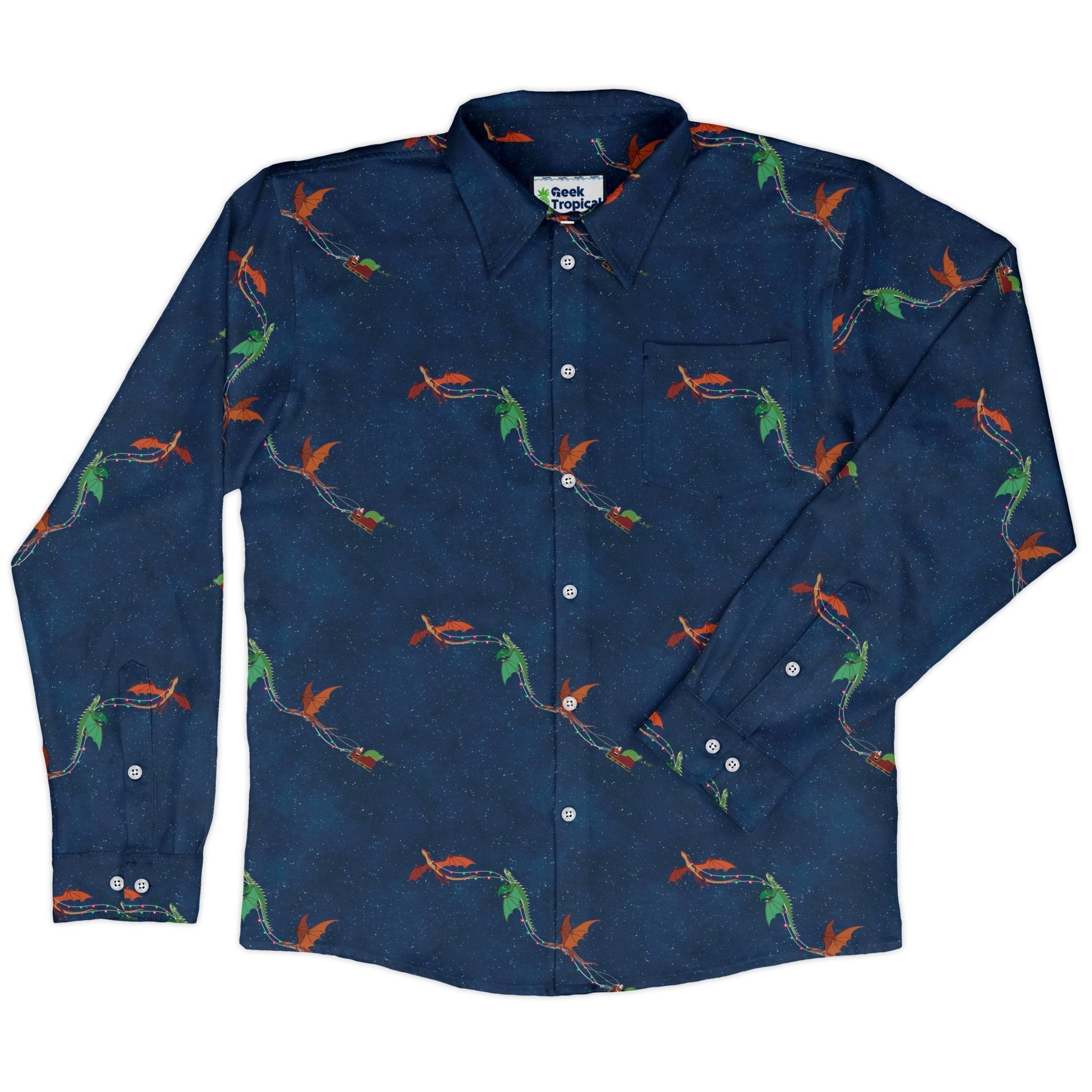 Santa Sleigh Dragons Long Sleeve Button Up Shirt