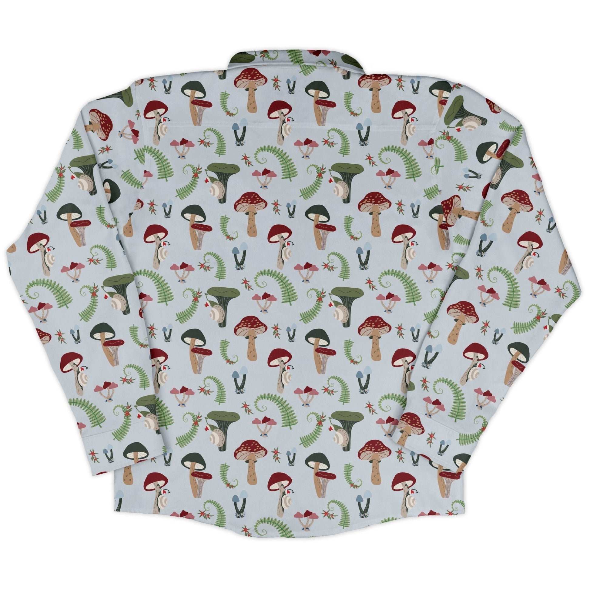 Santa Snails and Winter Mushrooms Long Sleeve Button Up Shirt Geek Nerd adult sizing Botany Print Christmas Print