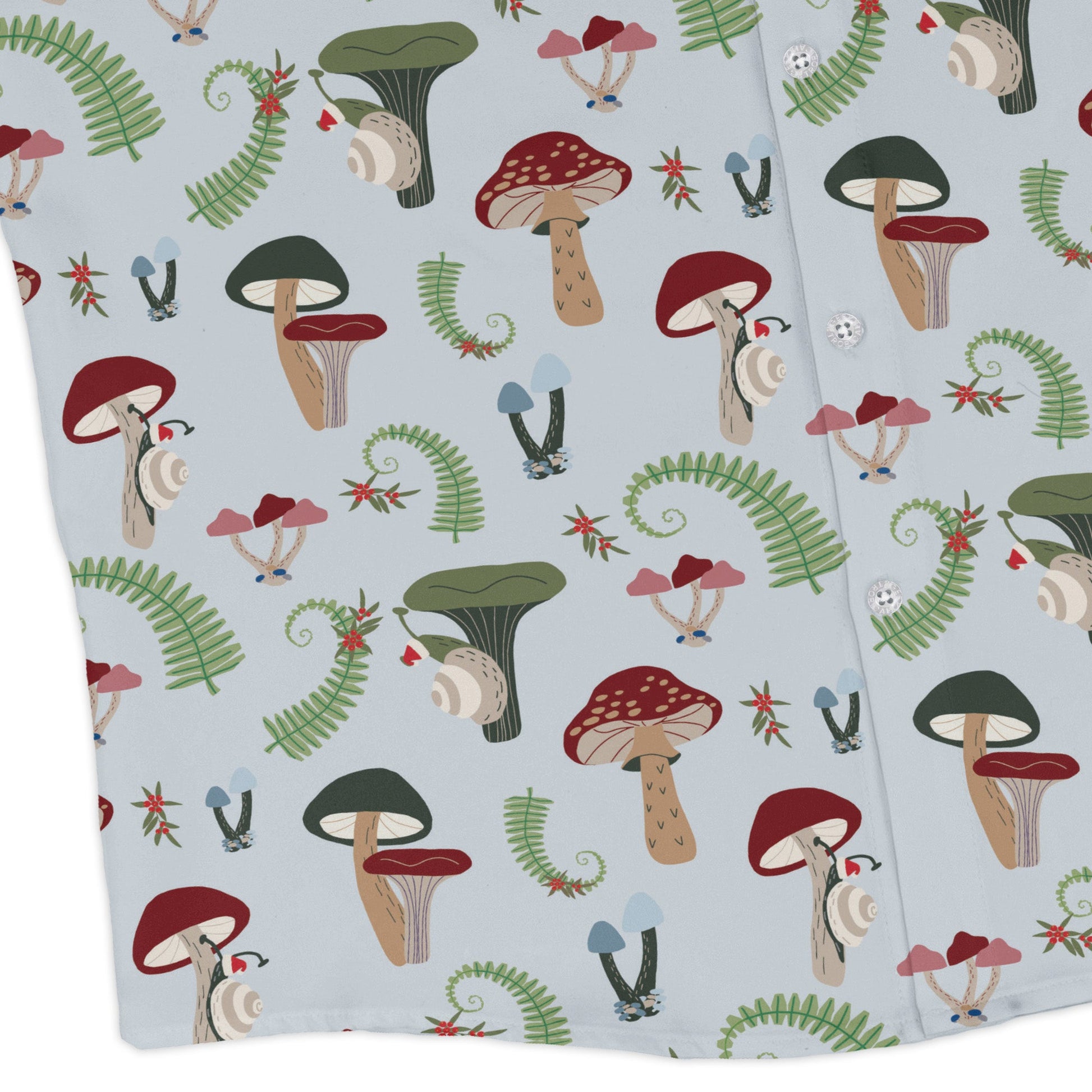 Santa Snails and Winter Mushrooms Long Sleeve Button Up Shirt Geek Nerd adult sizing Botany Print Christmas Print
