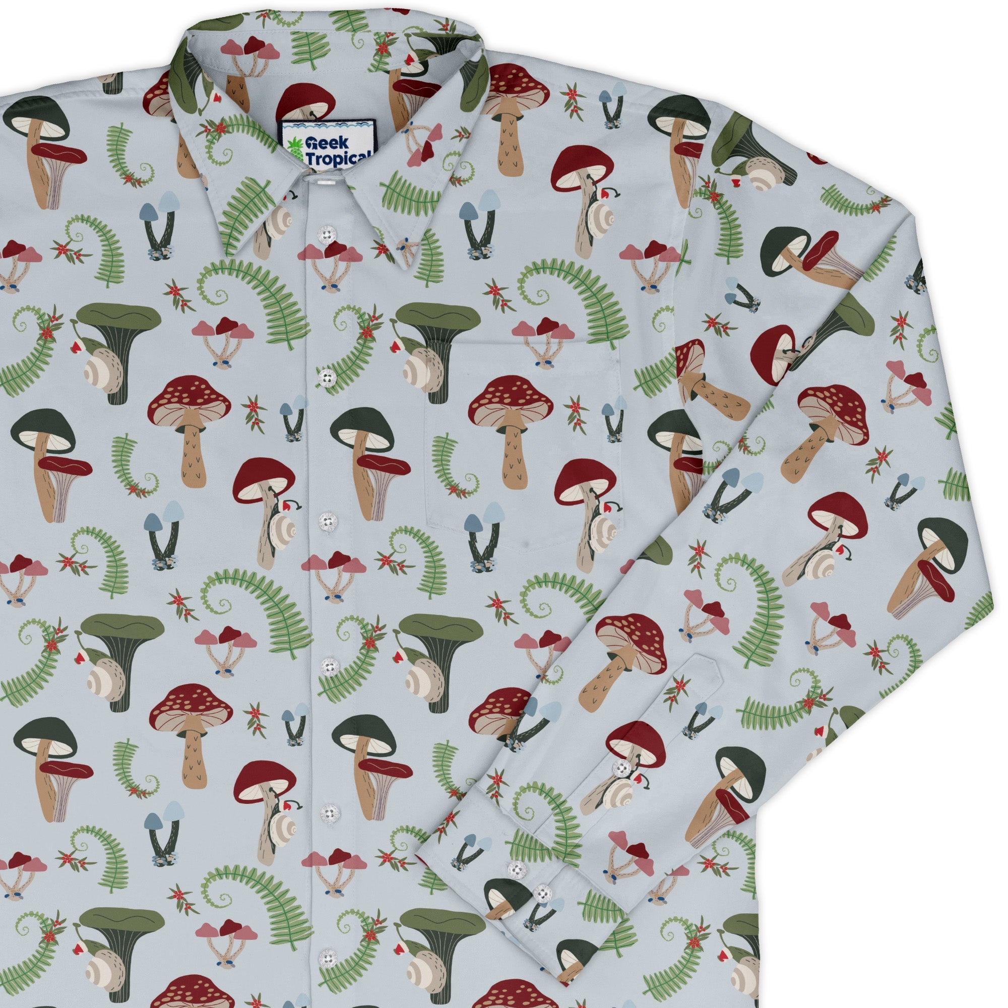 Santa Snails and Winter Mushrooms Long Sleeve Button Up Shirt