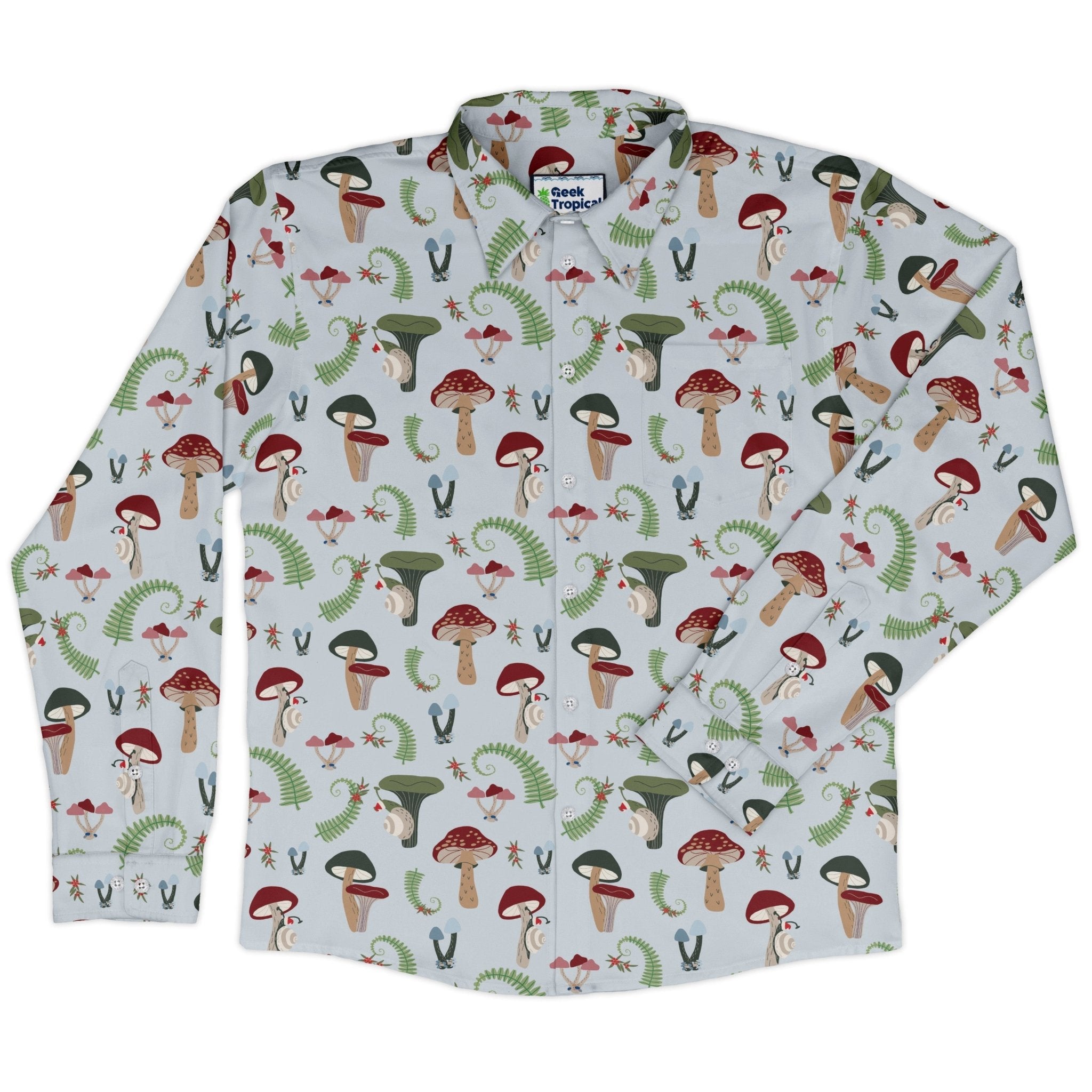 Santa Snails and Winter Mushrooms Long Sleeve Button Up Shirt