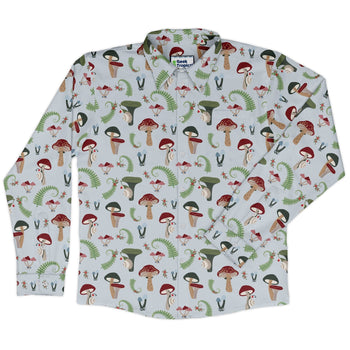 Santa Snails and Winter Mushrooms Long Sleeve Button Up Shirt Geek Nerd adult sizing Botany Print Christmas Print