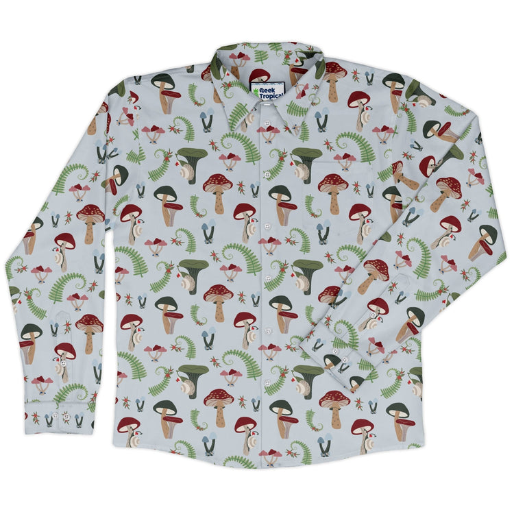 Santa Snails and Winter Mushrooms Long Sleeve Button Up Shirt Geek Nerd adult sizing Botany Print Christmas Print