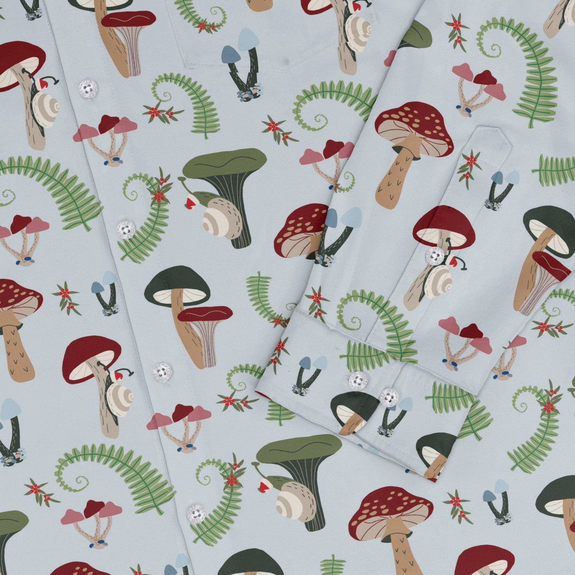 Santa Snails and Winter Mushrooms Long Sleeve Button Up Shirt Geek Nerd adult sizing Botany Print Christmas Print