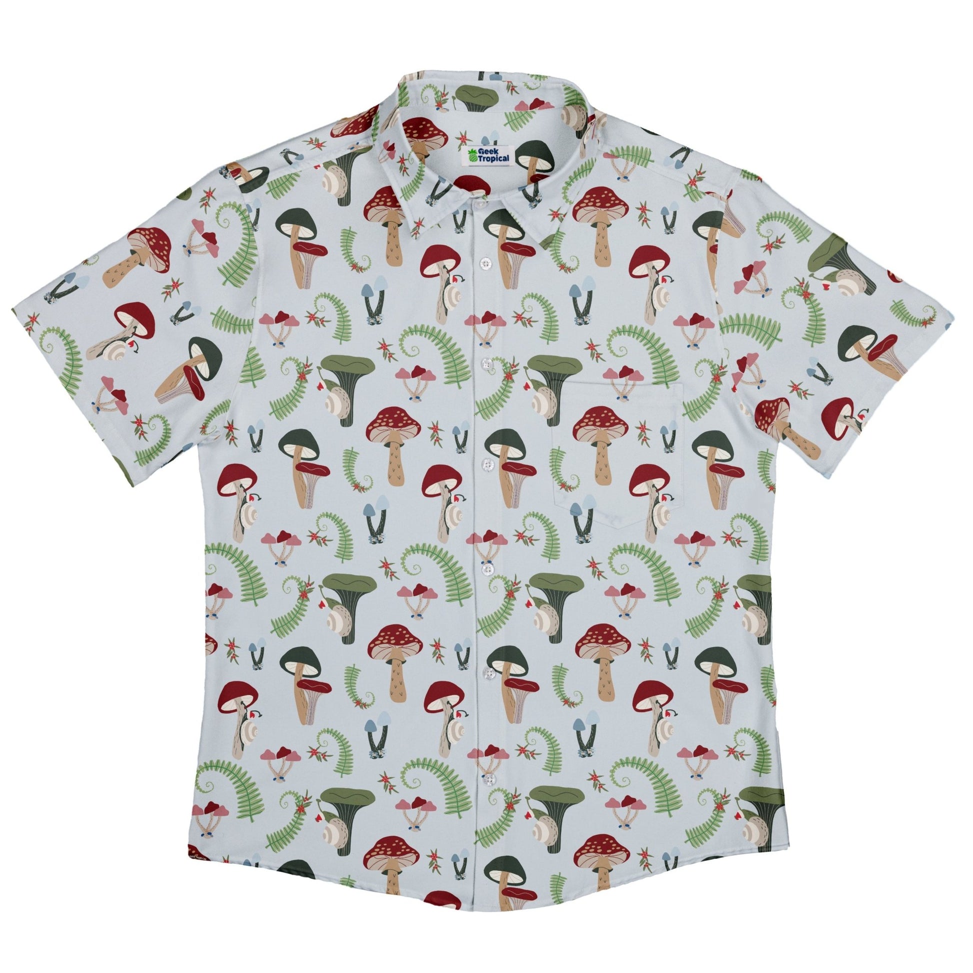Santa Snails & Winter Mushrooms Button Up Shirt Geek Nerd adult sizing Christmas Print