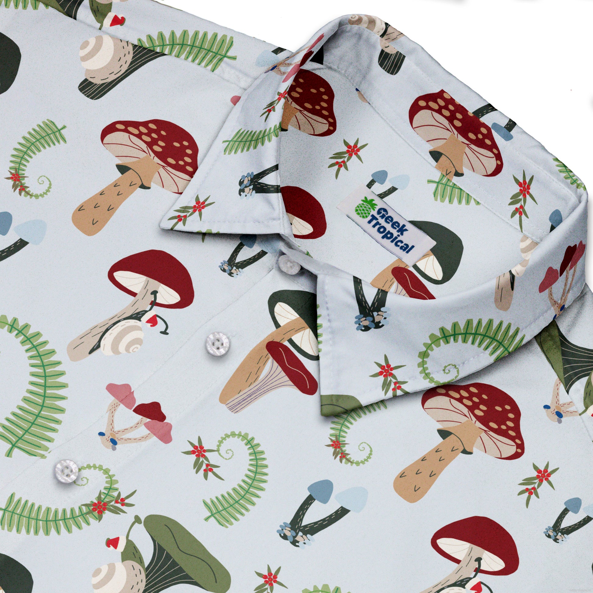 Santa Snails & Winter Mushrooms Button Up Shirt Geek Nerd adult sizing Christmas Print