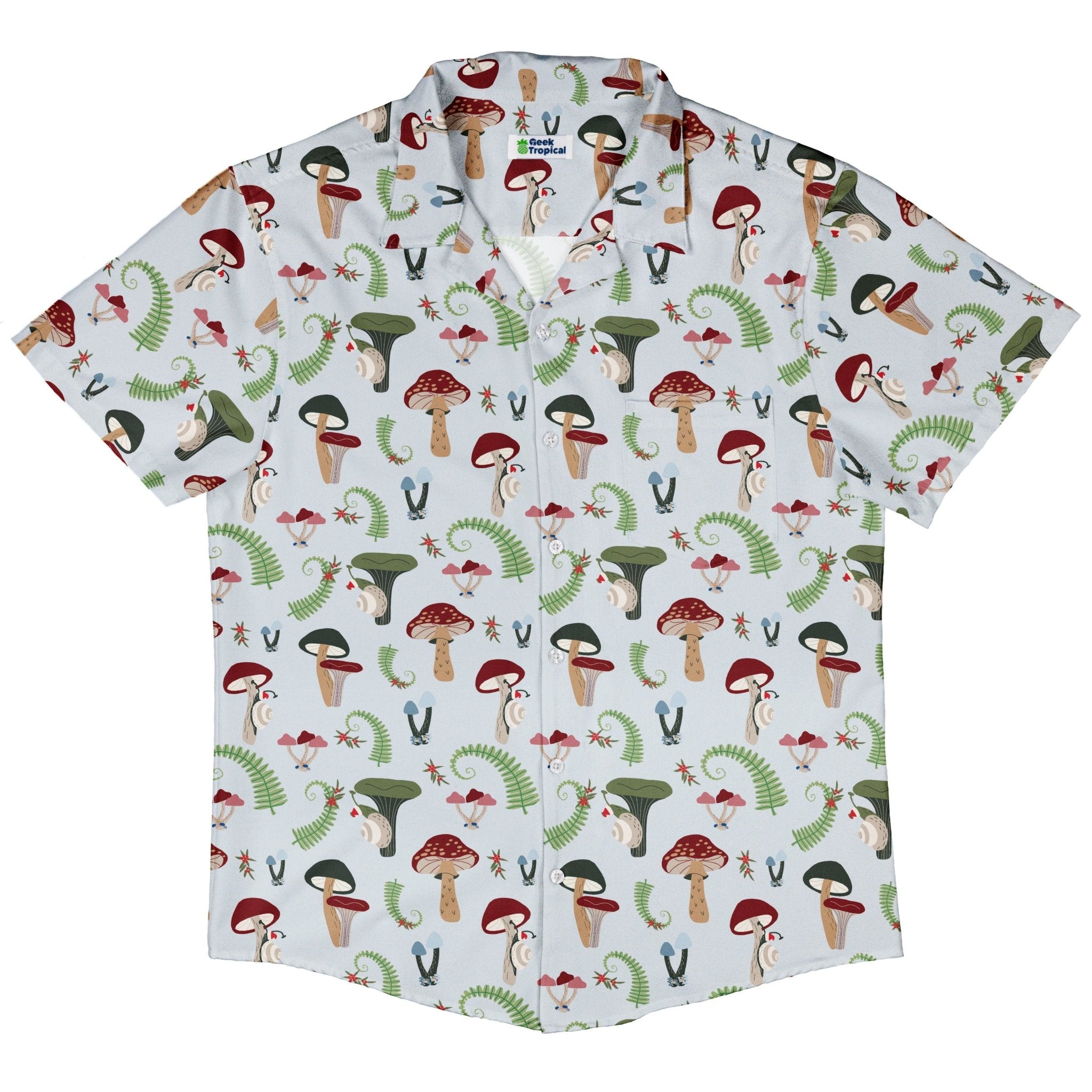 Santa Snails & Winter Mushrooms Button Up Shirt Geek Nerd adult sizing Christmas Print