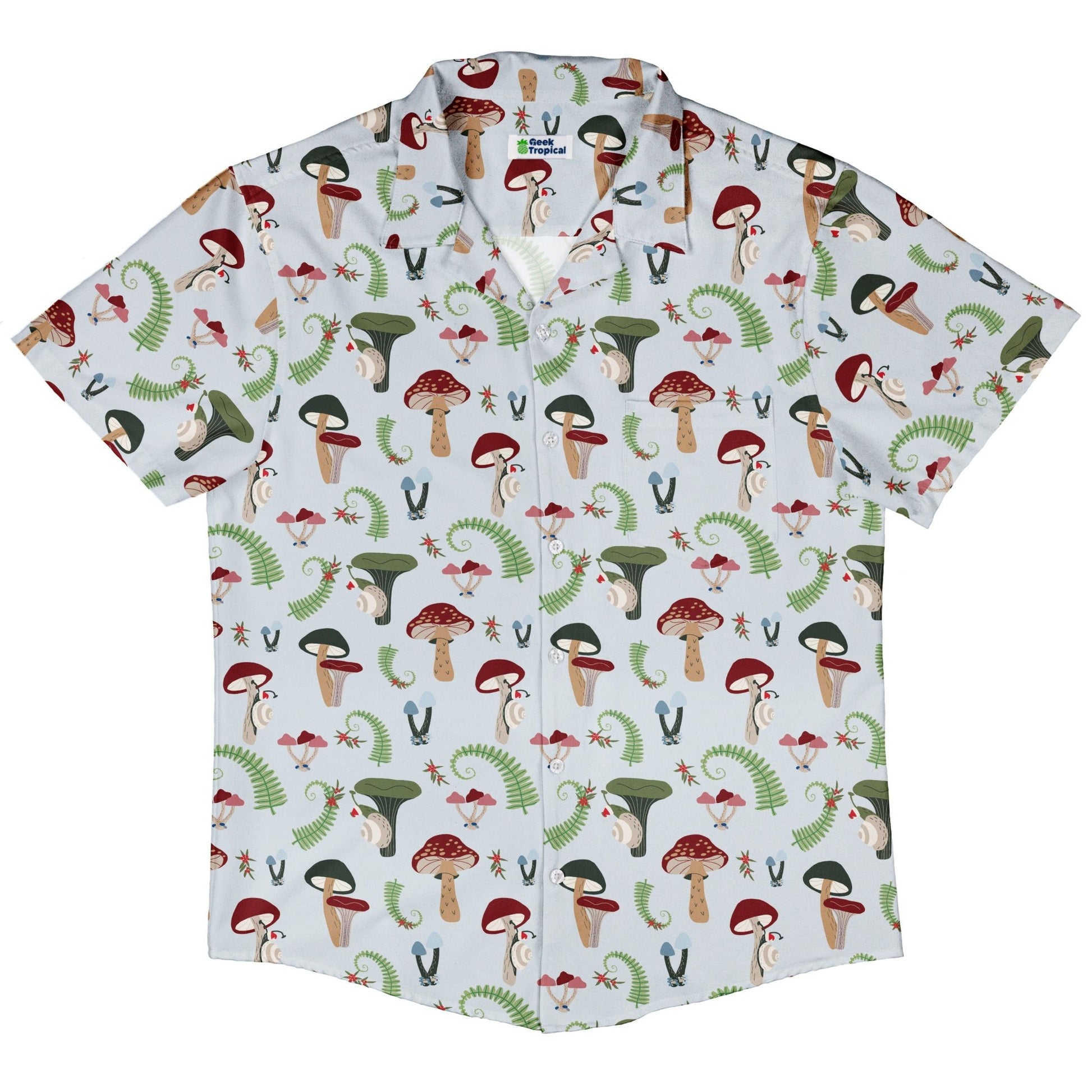Santa Snails & Winter Mushrooms Button Up Shirt Geek Nerd adult sizing Christmas Print