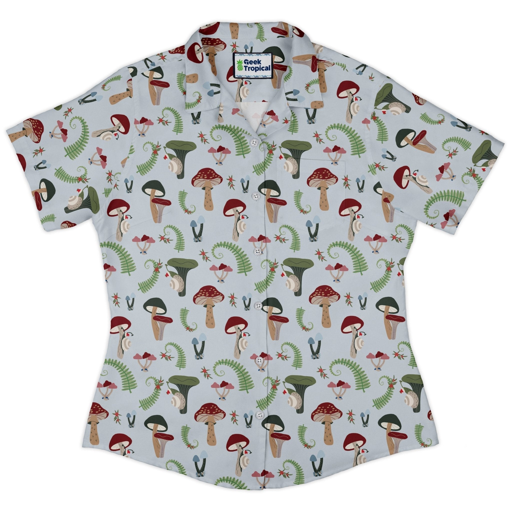 Santa Snails and winter mushrooms Curvy Button Up Shirt Geek Nerd Botany Print Christmas Print women