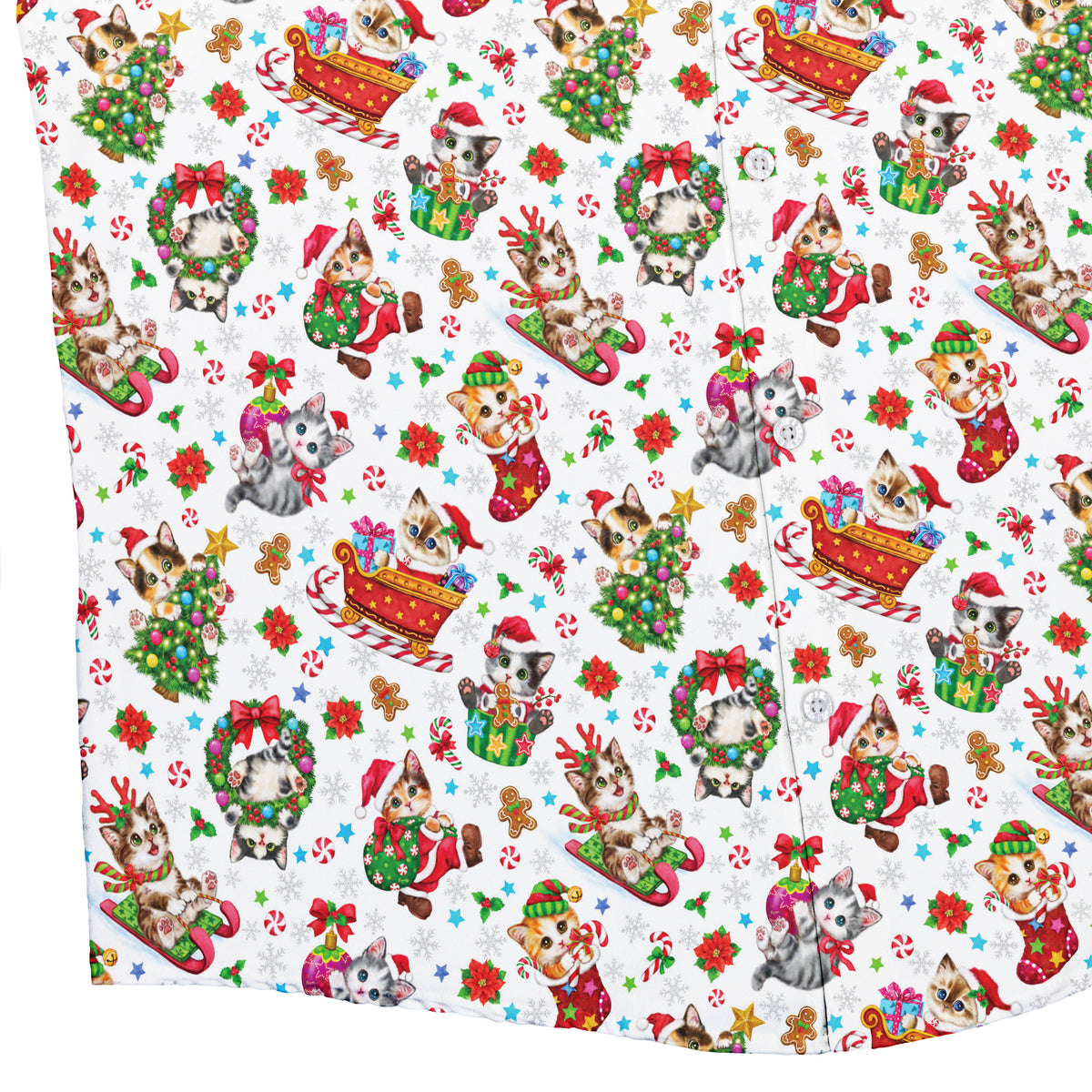 Santas Little Kittens Button Up Shirt Bottom Corner