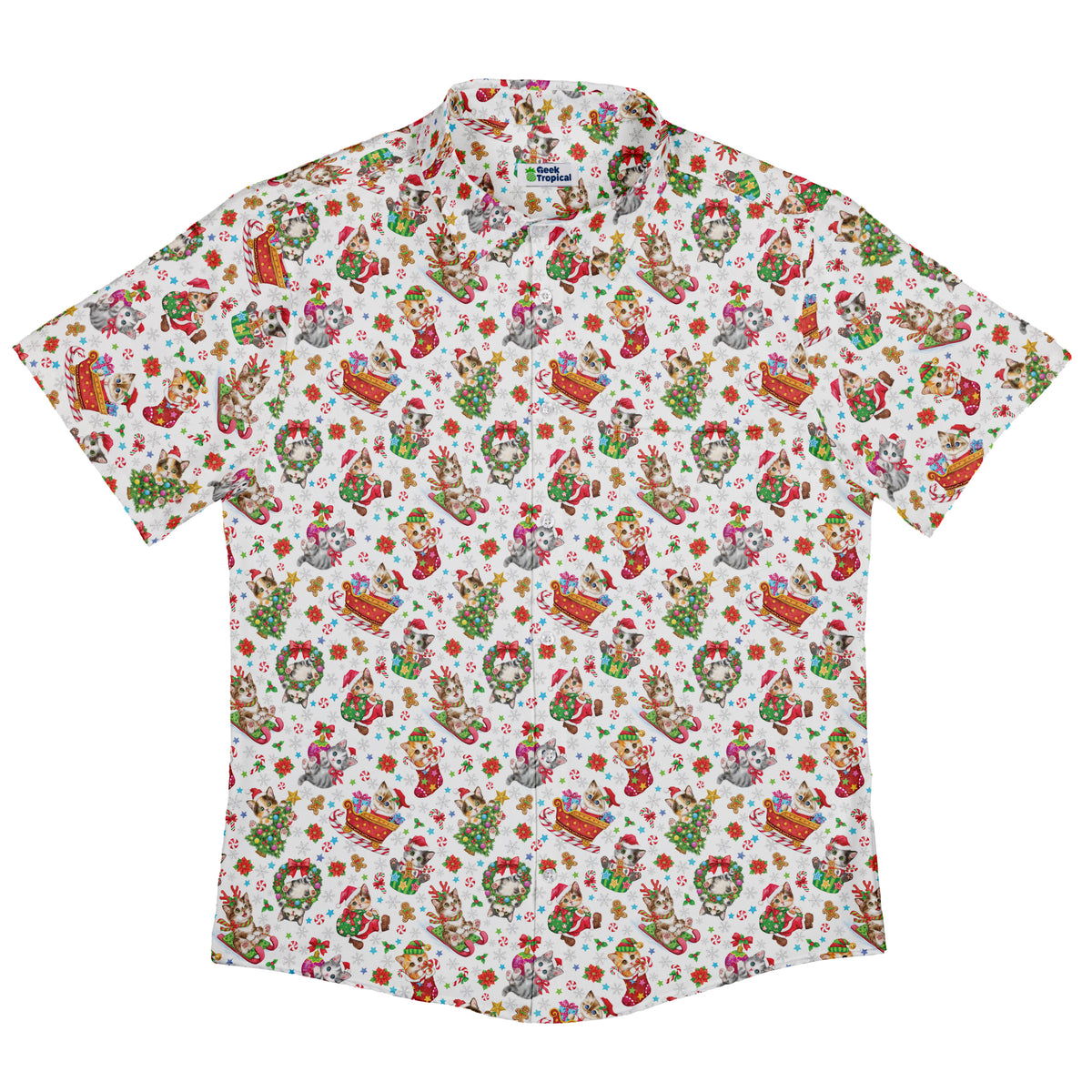 Santas Little Kittens Button Up Shirt Flat Front