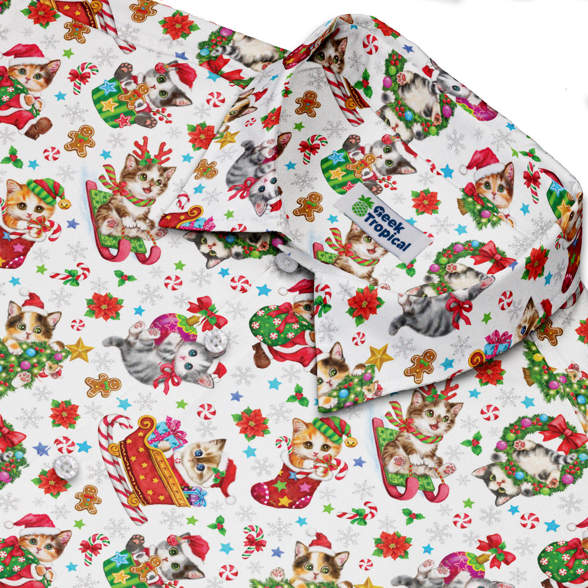 Santas Little Kittens Button Up Shirt Neck