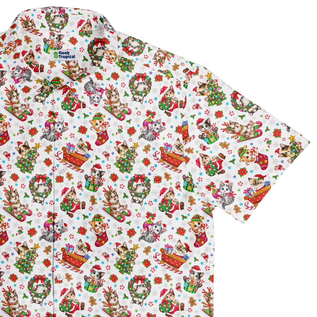 Santas Little Kittens Button Up Shirt Top Corner