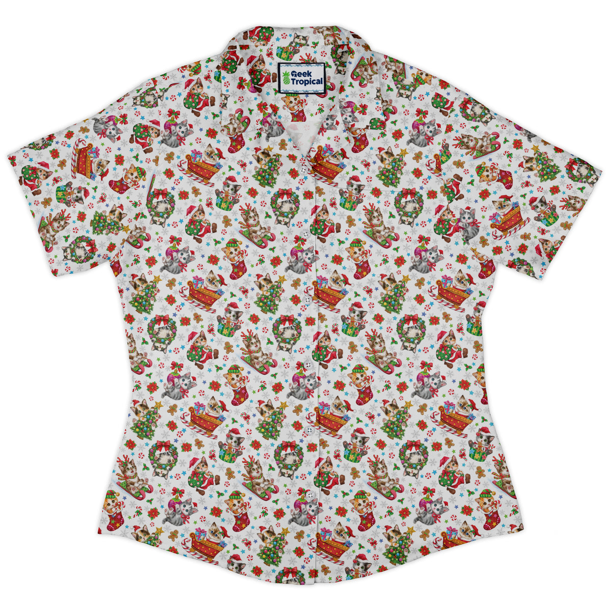 Santas Little Kittens Curvy Button Up Shirt womens front